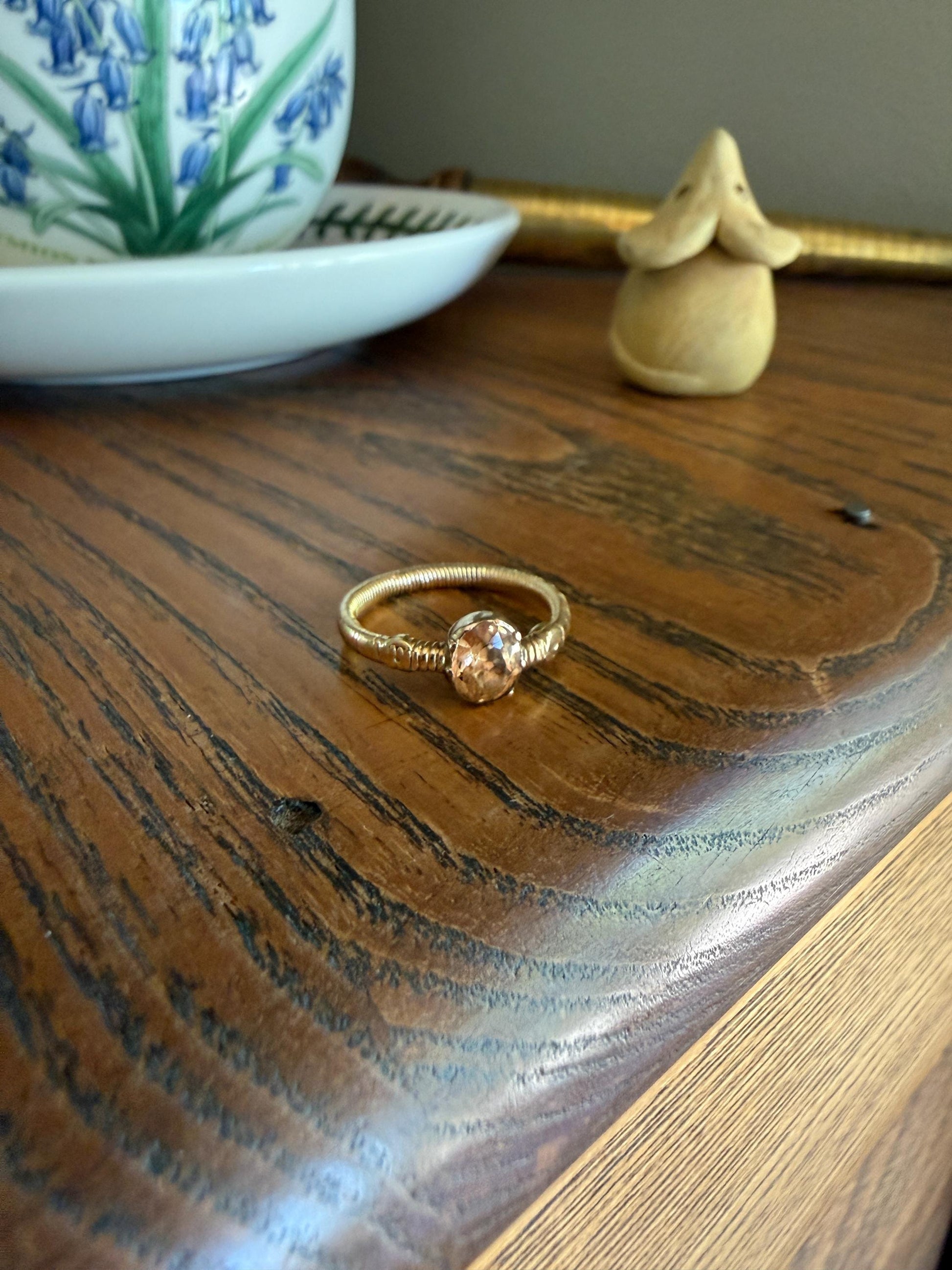 Georgian Old Cut Natural Peach Imperial Topaz Collet Set Coiled Shank Ring Snake? Comfort Fit Unique Gemset Stacker