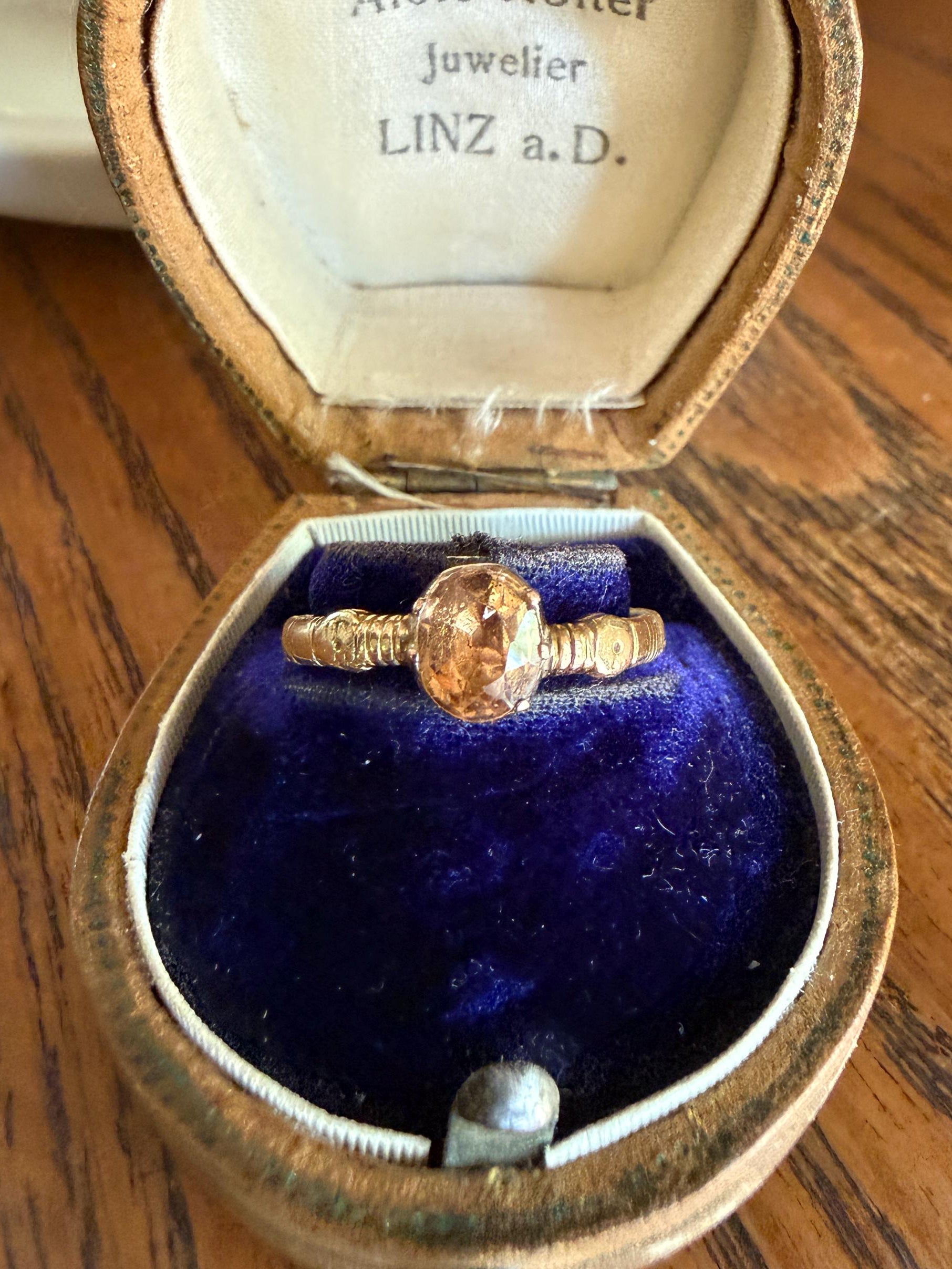 Georgian Old Cut Natural Peach Imperial Topaz Collet Set Coiled Shank Ring Snake? Comfort Fit Unique Gemset Stacker