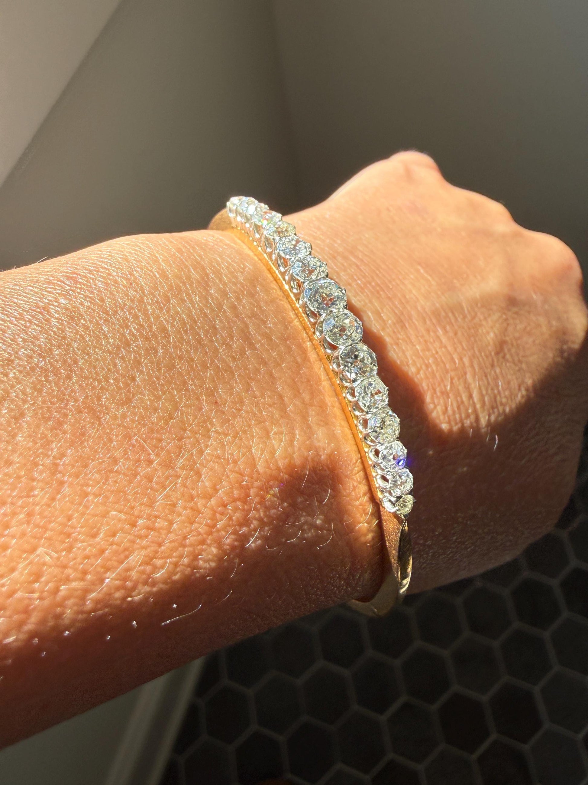 Antique 3.4 CARAT Old Mine Cut DIAMOND Hinged Bangle 15 Stone Line Bracelet 18k Gold Platinum Victorian 3.4Ctw OMC Stacker
