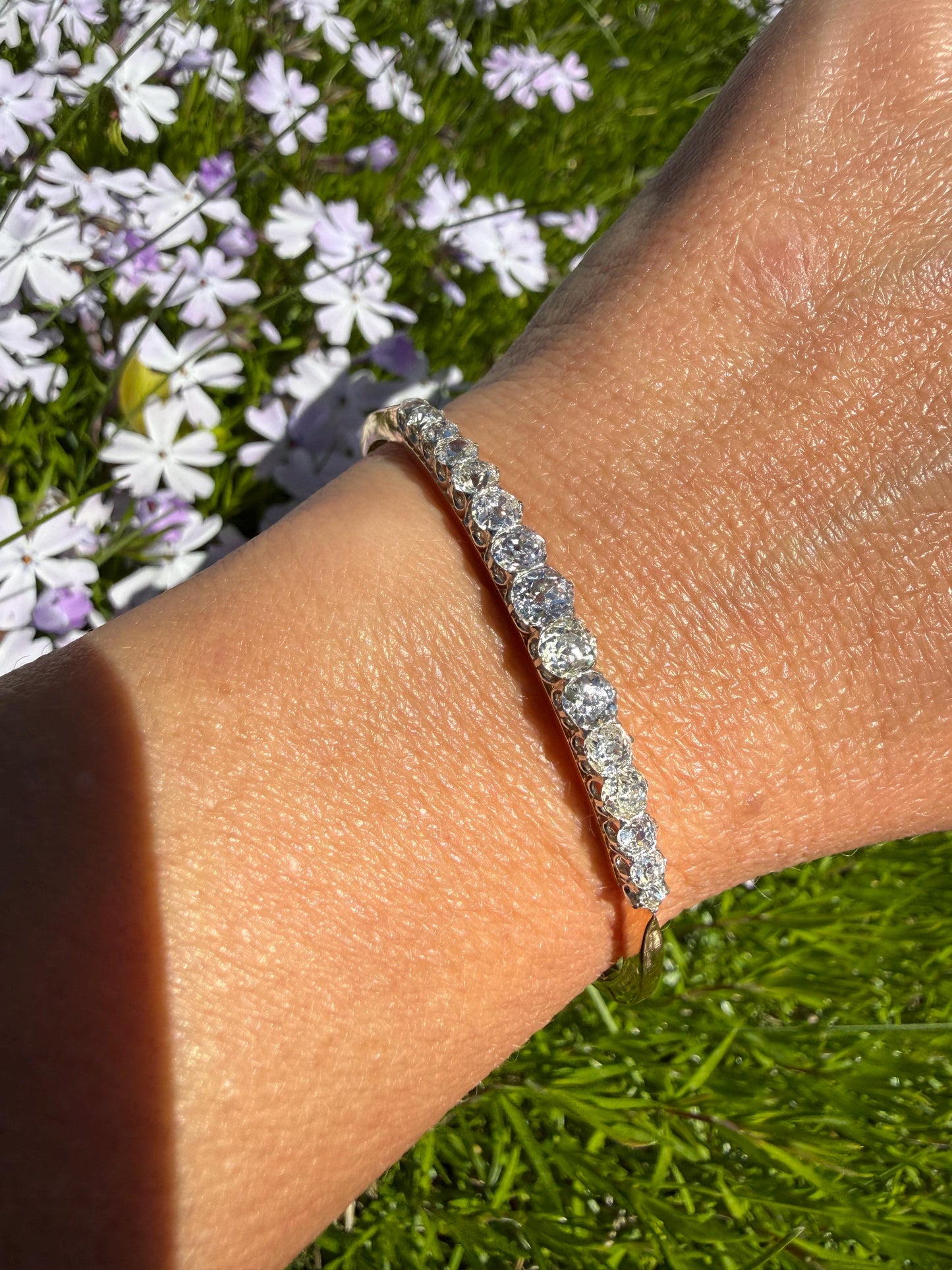 Antique 3.4 CARAT Old Mine Cut DIAMOND Hinged Bangle 15 Stone Line Bracelet 18k Gold Platinum Victorian 3.4Ctw OMC Stacker