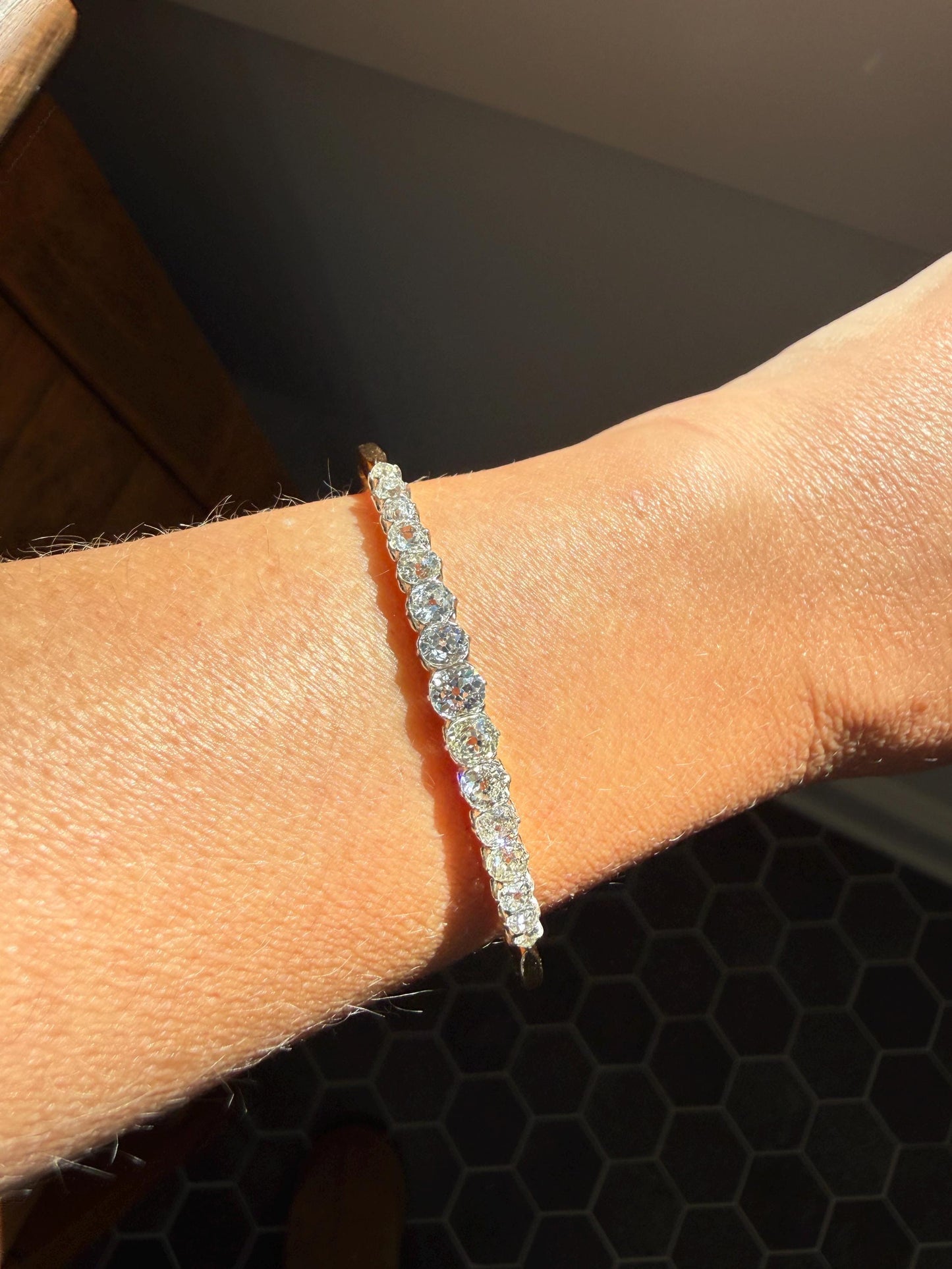 Antique 3.4 CARAT Old Mine Cut DIAMOND Hinged Bangle 15 Stone Line Bracelet 18k Gold Platinum Victorian 3.4Ctw OMC Stacker