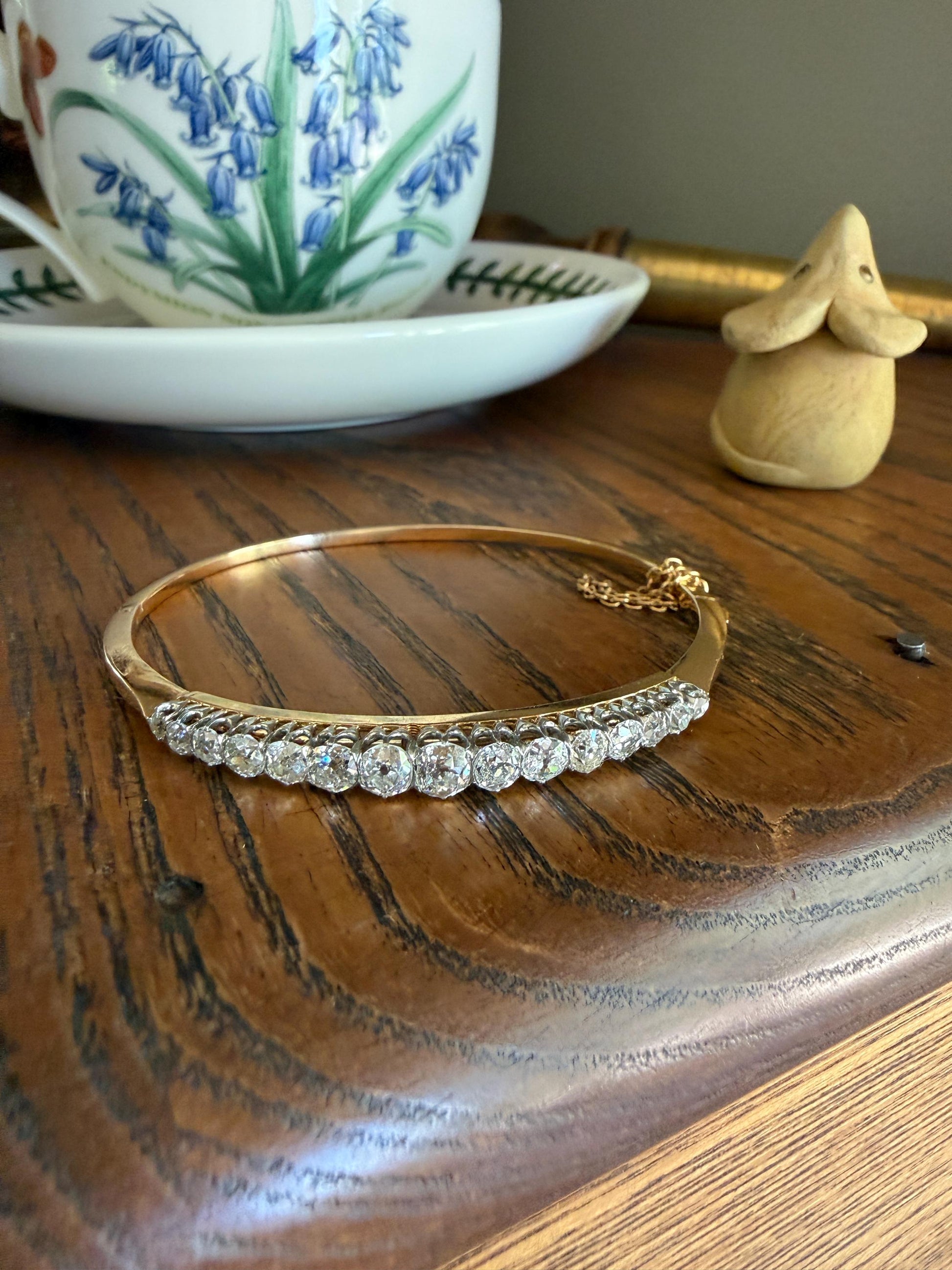 Antique 3.4 CARAT Old Mine Cut DIAMOND Hinged Bangle 15 Stone Line Bracelet 18k Gold Platinum Victorian 3.4Ctw OMC Stacker