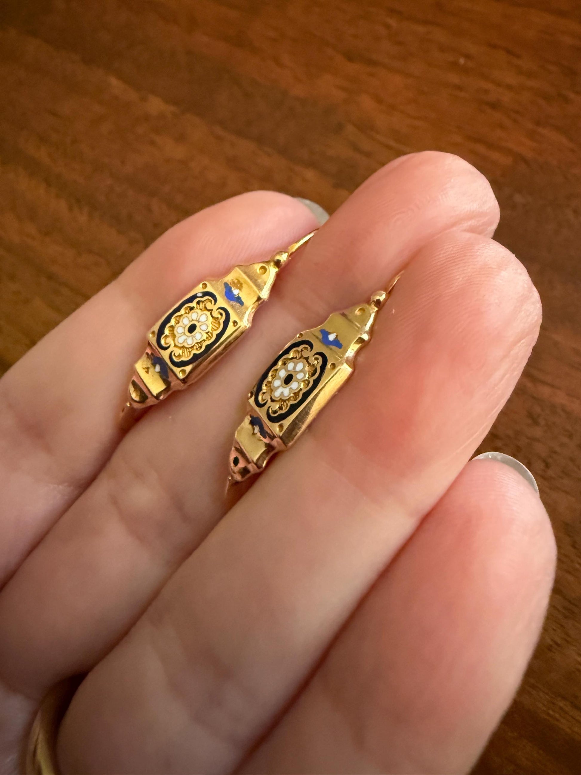 FLORAL Antique FRENCH Regional Enamel 18k Gold Poissarde Hoop Dangle EARRINGS Victorian Gift Belle Epoque Bridal Something Old & Blue