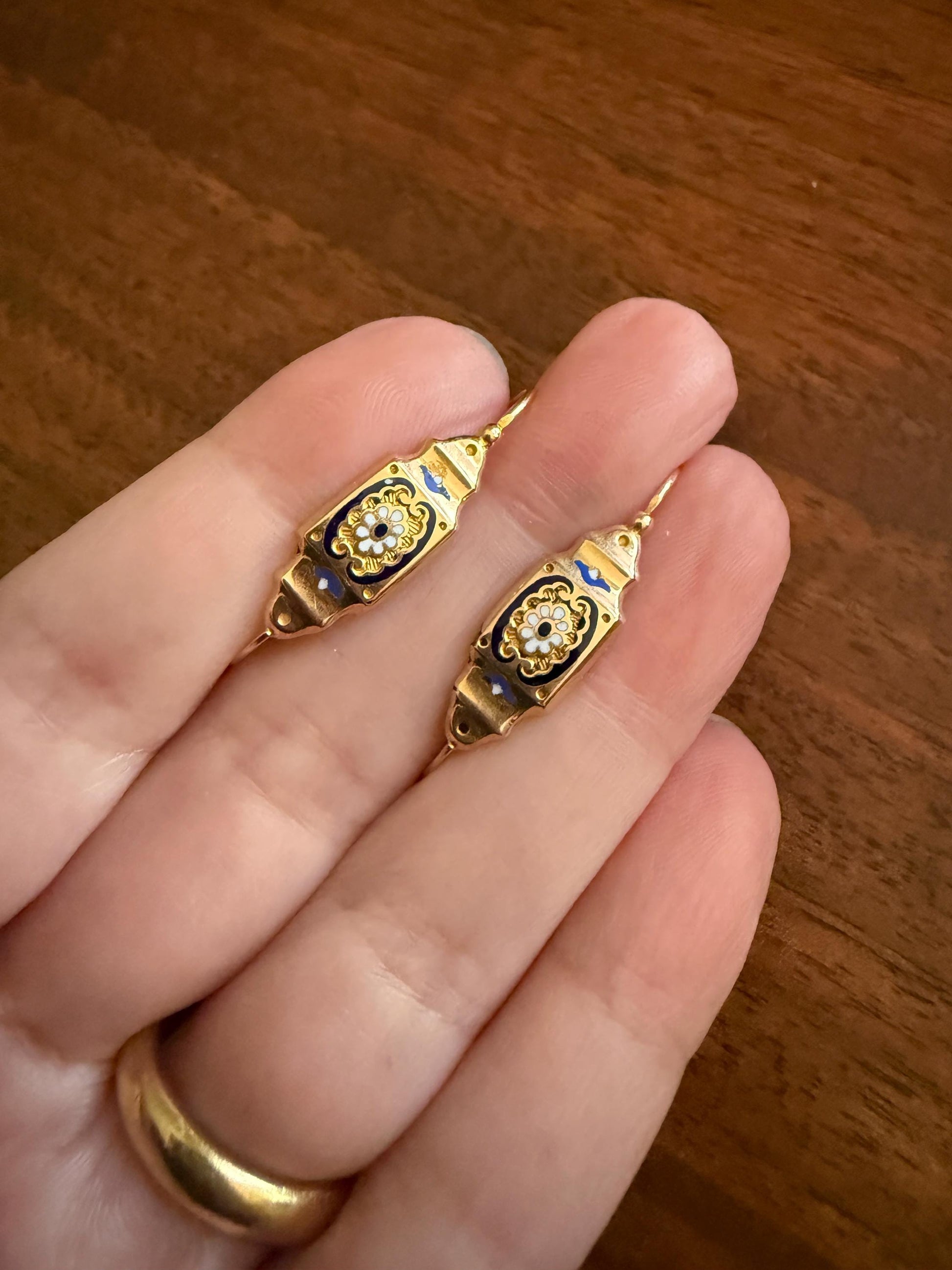 FLORAL Antique FRENCH Regional Enamel 18k Gold Poissarde Hoop Dangle EARRINGS Victorian Gift Belle Epoque Bridal Something Old & Blue