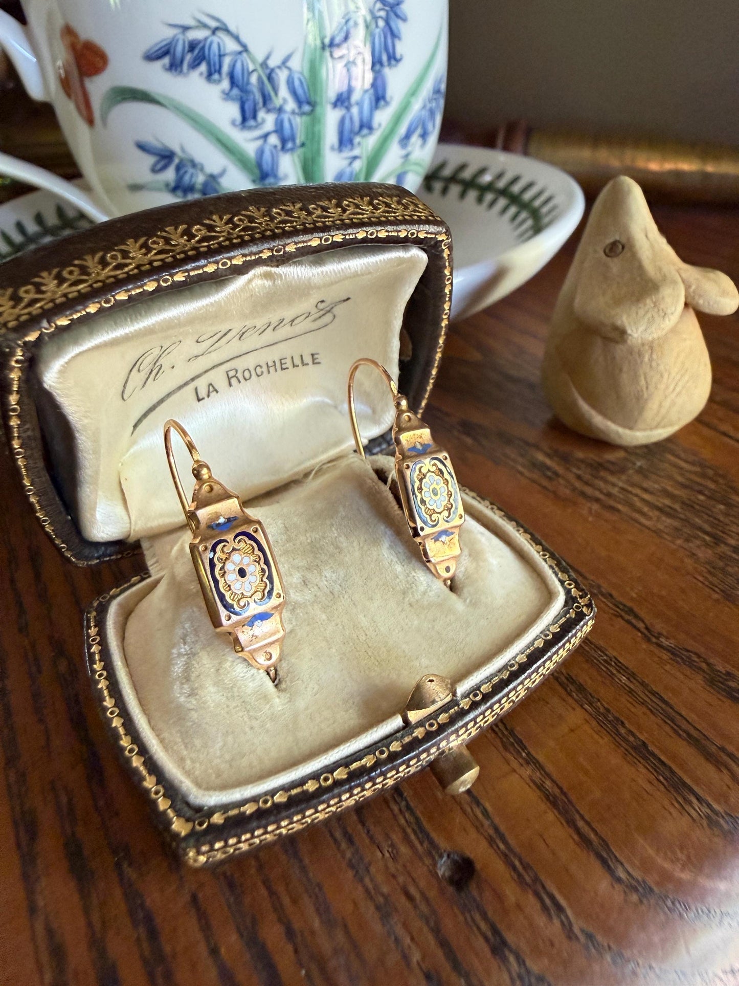 FLORAL Antique FRENCH Regional Enamel 18k Gold Poissarde Hoop Dangle EARRINGS Victorian Gift Belle Epoque Bridal Something Old & Blue