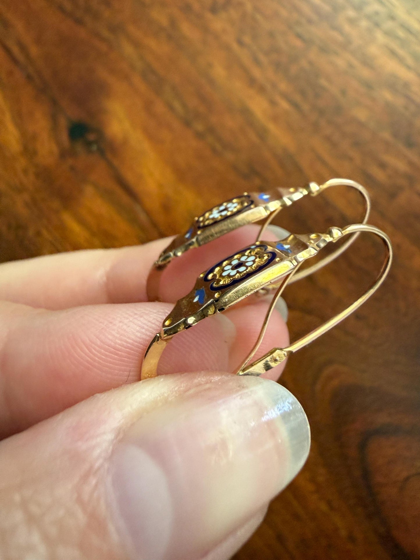 FLORAL Antique FRENCH Regional Enamel 18k Gold Poissarde Hoop Dangle EARRINGS Victorian Gift Belle Epoque Bridal Something Old & Blue