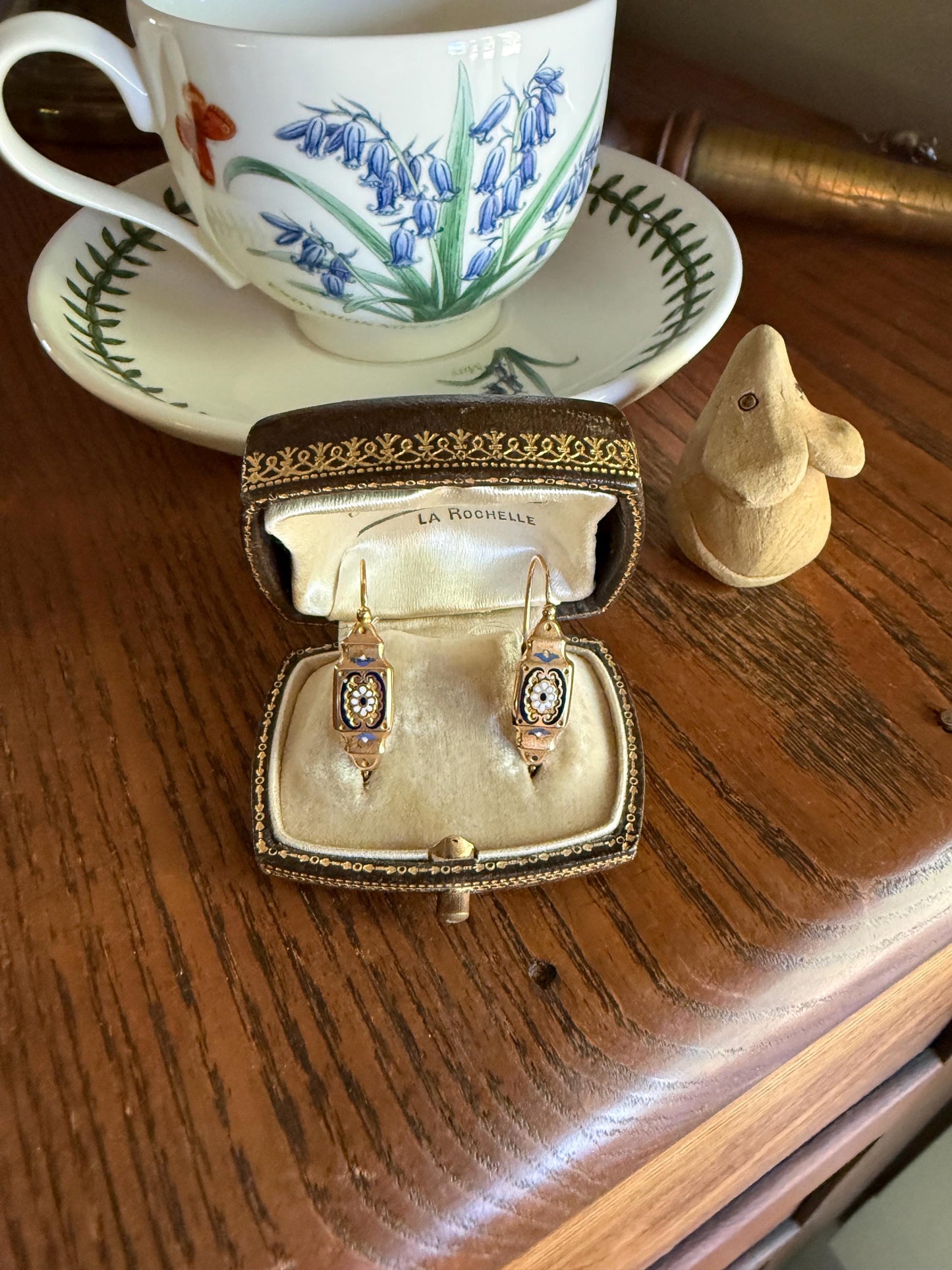 FLORAL Antique FRENCH Regional Enamel 18k Gold Poissarde Hoop Dangle EARRINGS Victorian Gift Belle Epoque Bridal Something Old & Blue