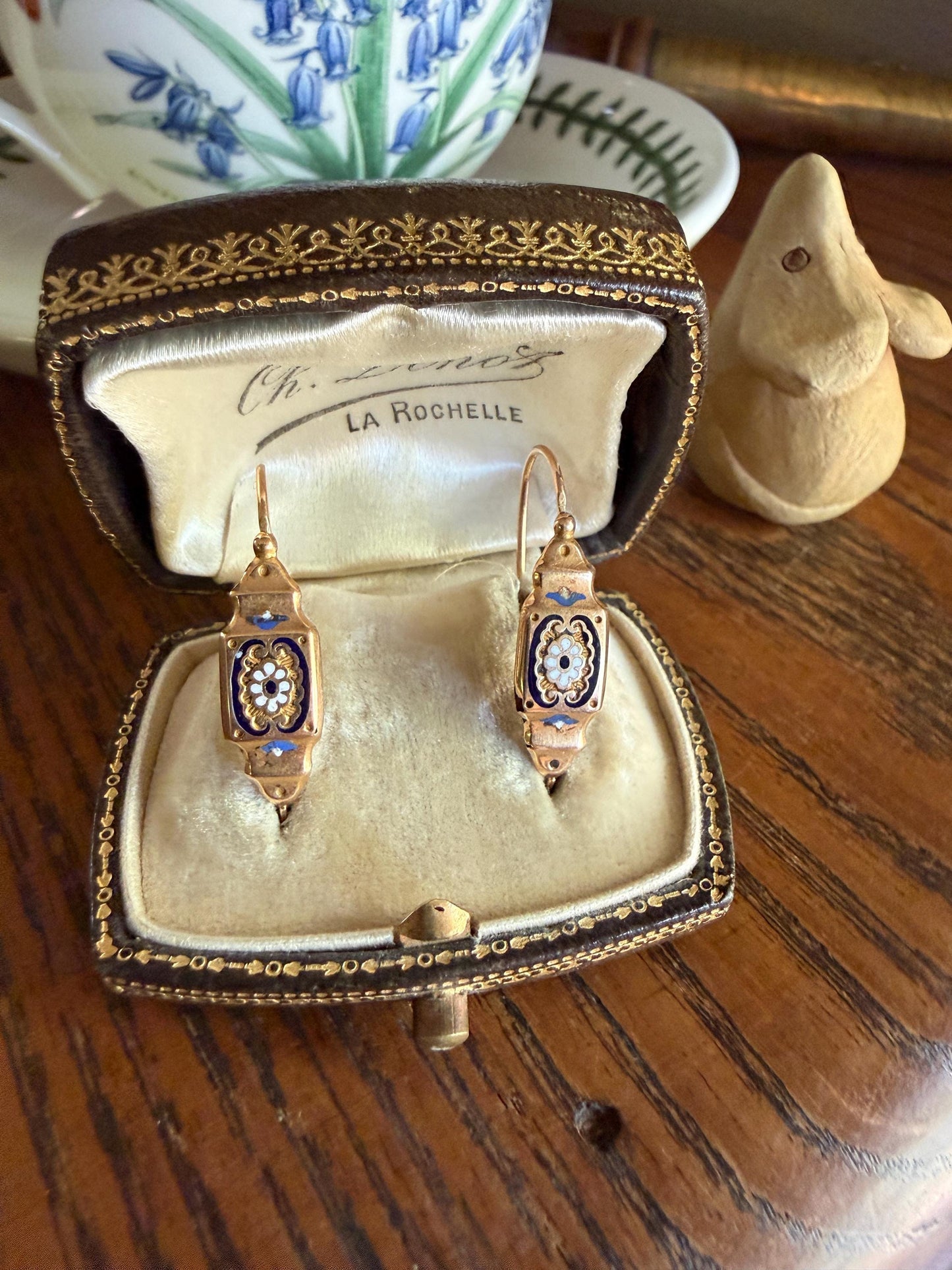 FLORAL Antique FRENCH Regional Enamel 18k Gold Poissarde Hoop Dangle EARRINGS Victorian Gift Belle Epoque Bridal Something Old & Blue