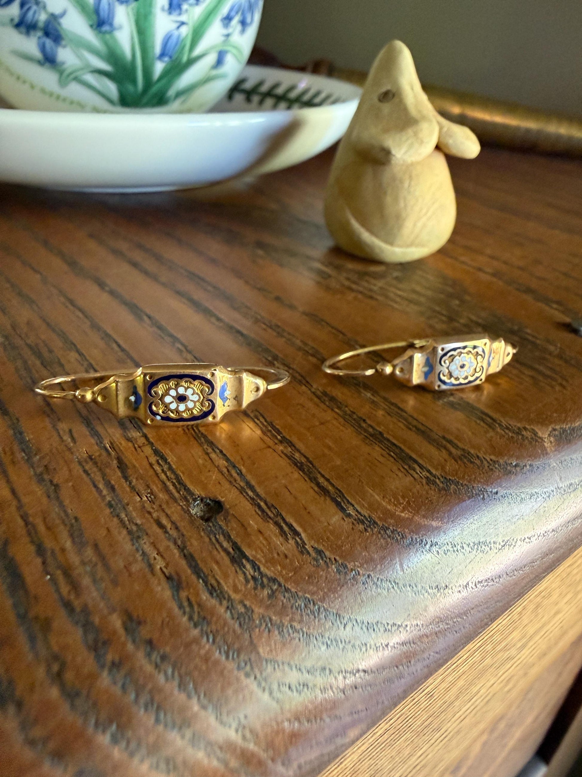 FLORAL Antique FRENCH Regional Enamel 18k Gold Poissarde Hoop Dangle EARRINGS Victorian Gift Belle Epoque Bridal Something Old & Blue
