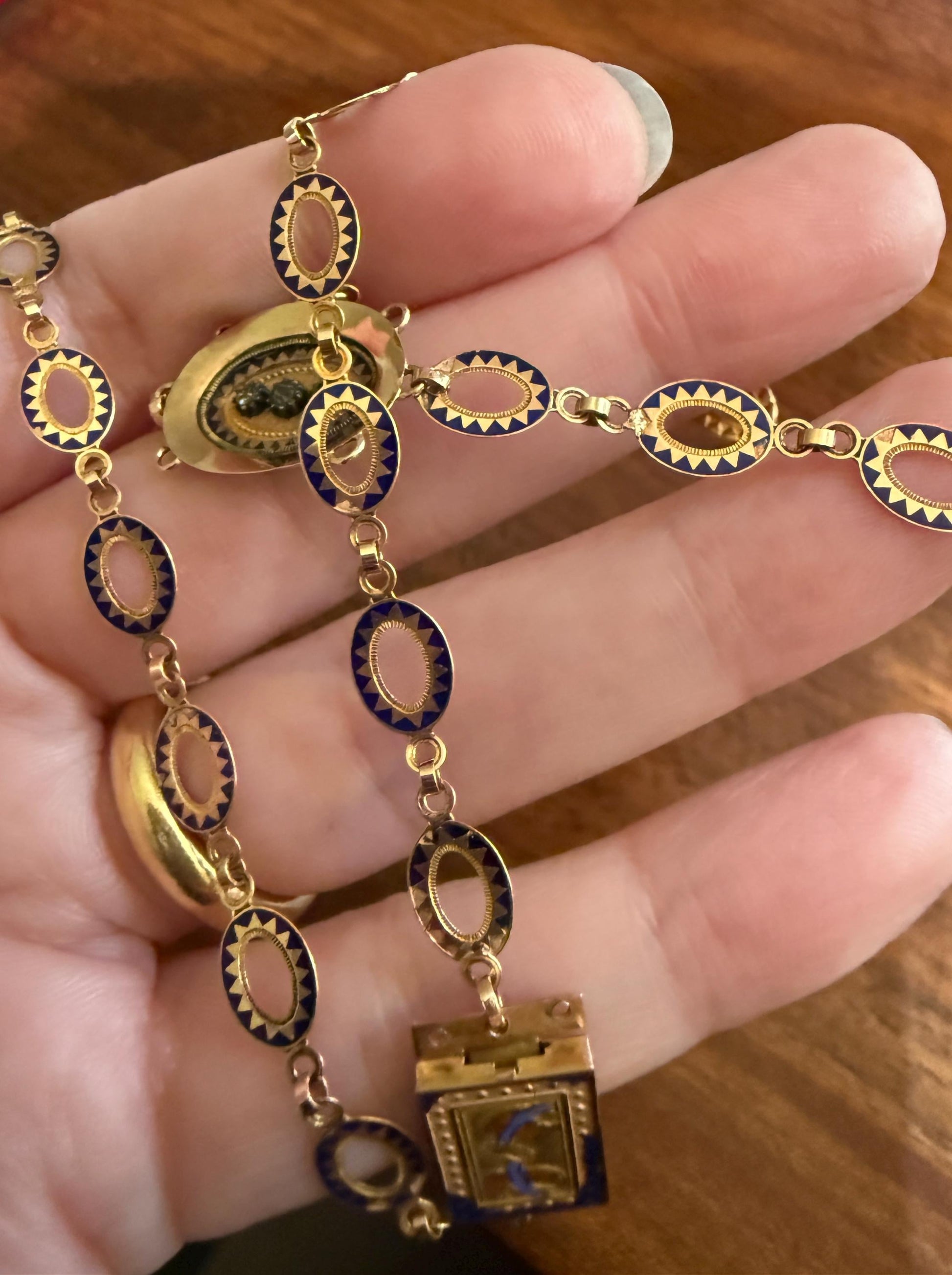 Rare Love Birds Swallow Clasp French Georgian Era 18k Gold Napoleon Bonaparte c1819 Necklace Chain Sunburst Choker Blue Enamel Old Cut Paste