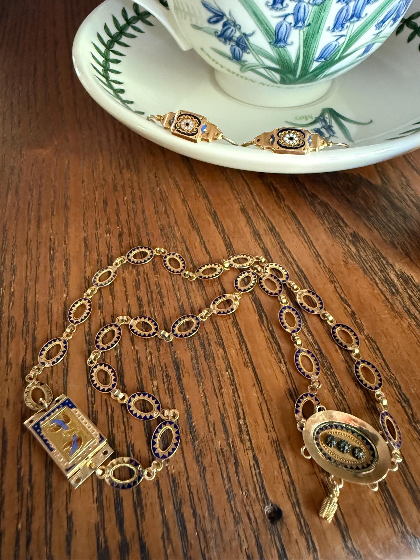 Rare Love Birds Swallow Clasp French Georgian Era 18k Gold Napoleon Bonaparte c1819 Necklace Chain Sunburst Choker Blue Enamel Old Cut Paste