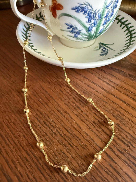 Vintage Braided 18k Gold Chain Necklace with Fixed Gold Ball Pearl Beads 17.5" Minimalist Geometric Layering Pendant Holder Shimmer Gift