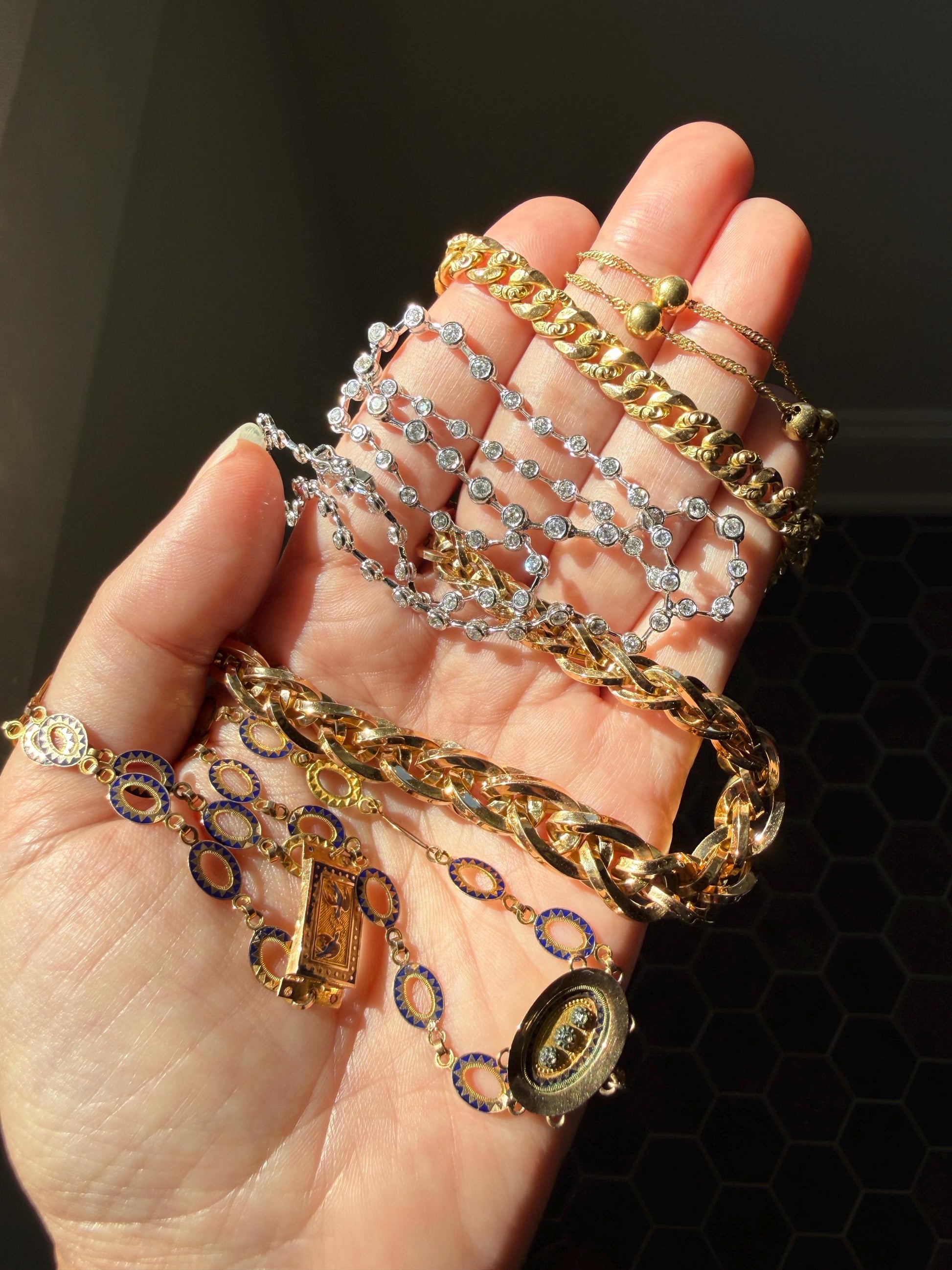Vintage 73 Bezel Set 3.6 Carats Diamond Riviera Eternity Tennis Chain 18k White Gold Necklace French 16" Minimalist Geometric Layering VTG