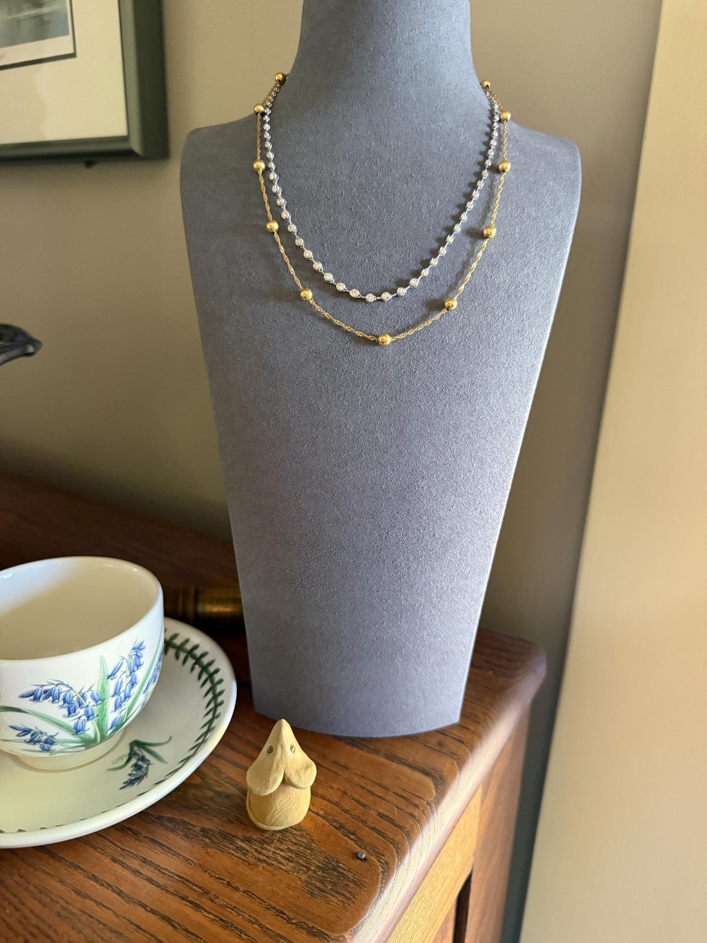 Vintage Braided 18k Gold Chain Necklace with Fixed Gold Ball Pearl Beads 17.5" Minimalist Geometric Layering Pendant Holder Shimmer Gift
