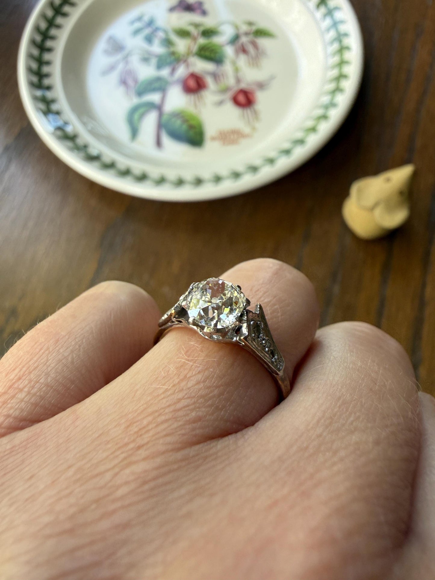 Chunky Antique 1.2 Carat Old Mine Cushion Cut DIAMOND Solitaire with Accents TULIP Floral Shoulders 18k Gold Platinum Engagement