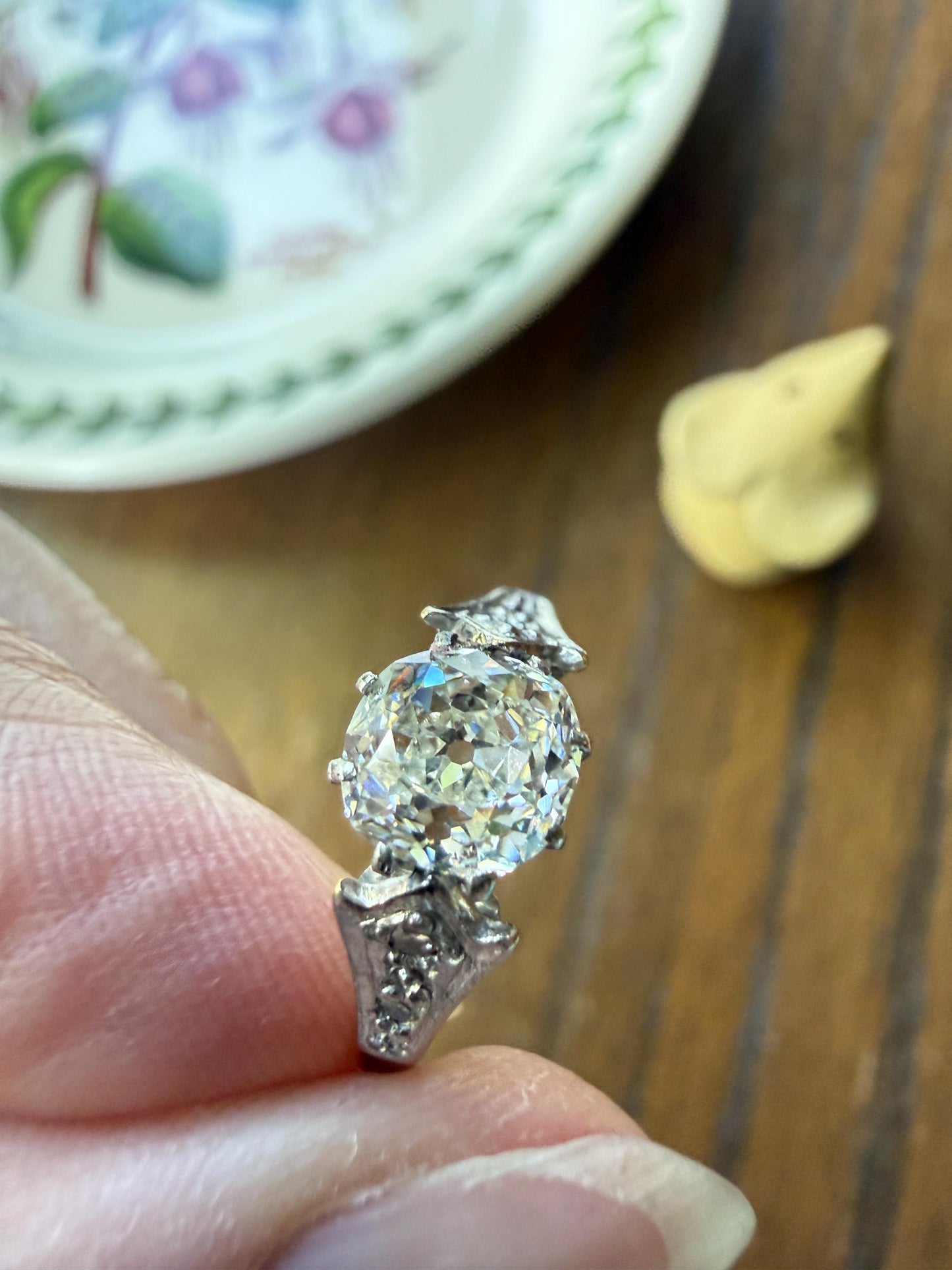 Chunky Antique 1.2 Carat Old Mine Cushion Cut DIAMOND Solitaire with Accents TULIP Floral Shoulders 18k Gold Platinum Engagement