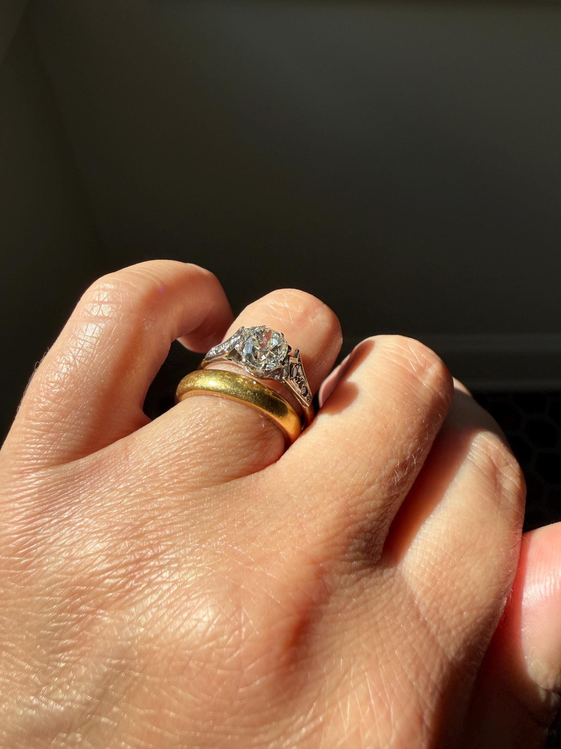 Chunky Antique 1.2 Carat Old Mine Cushion Cut DIAMOND Solitaire with Accents TULIP Floral Shoulders 18k Gold Platinum Engagement