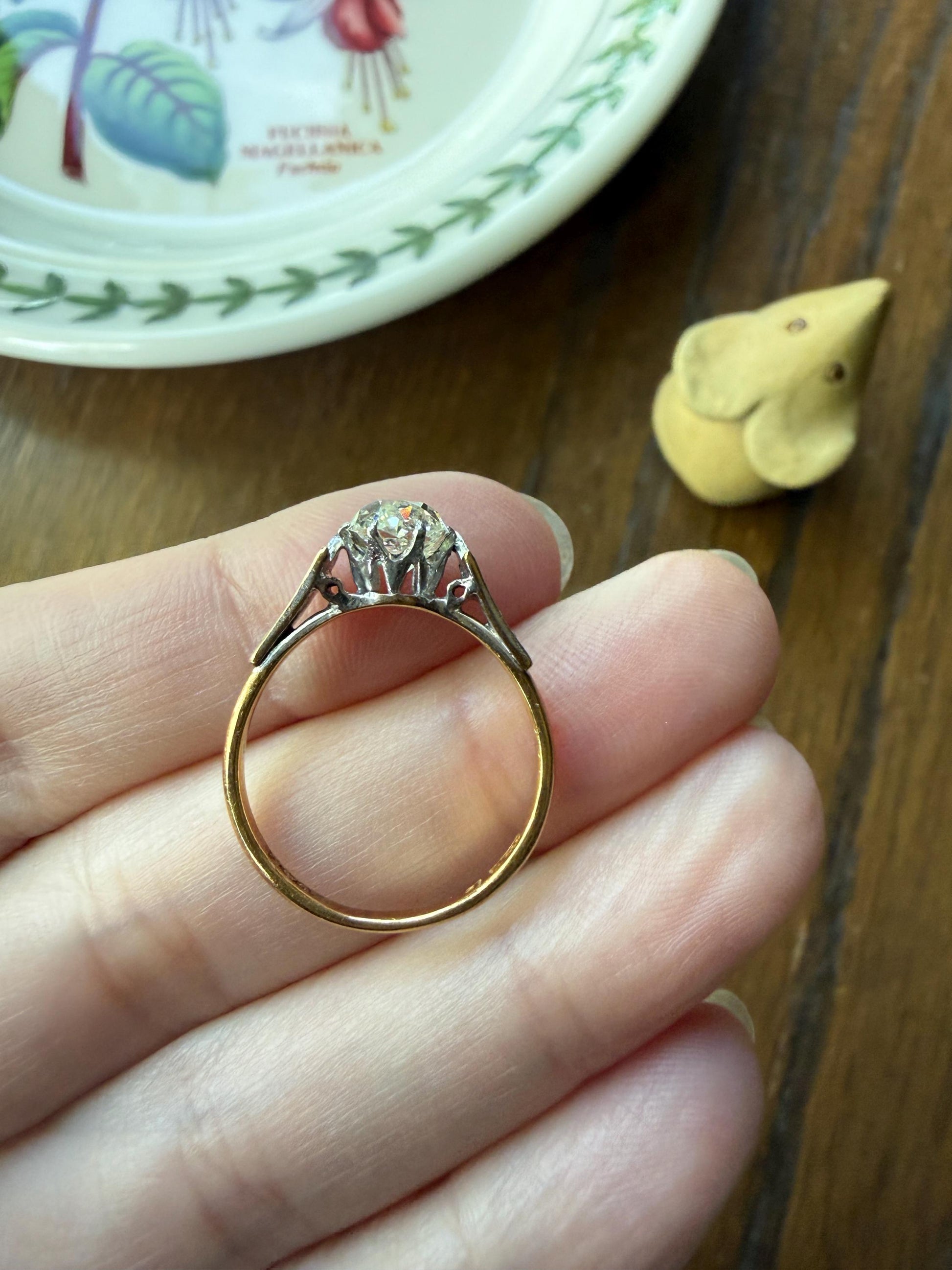 Chunky Antique 1.2 Carat Old Mine Cushion Cut DIAMOND Solitaire with Accents TULIP Floral Shoulders 18k Gold Platinum Engagement
