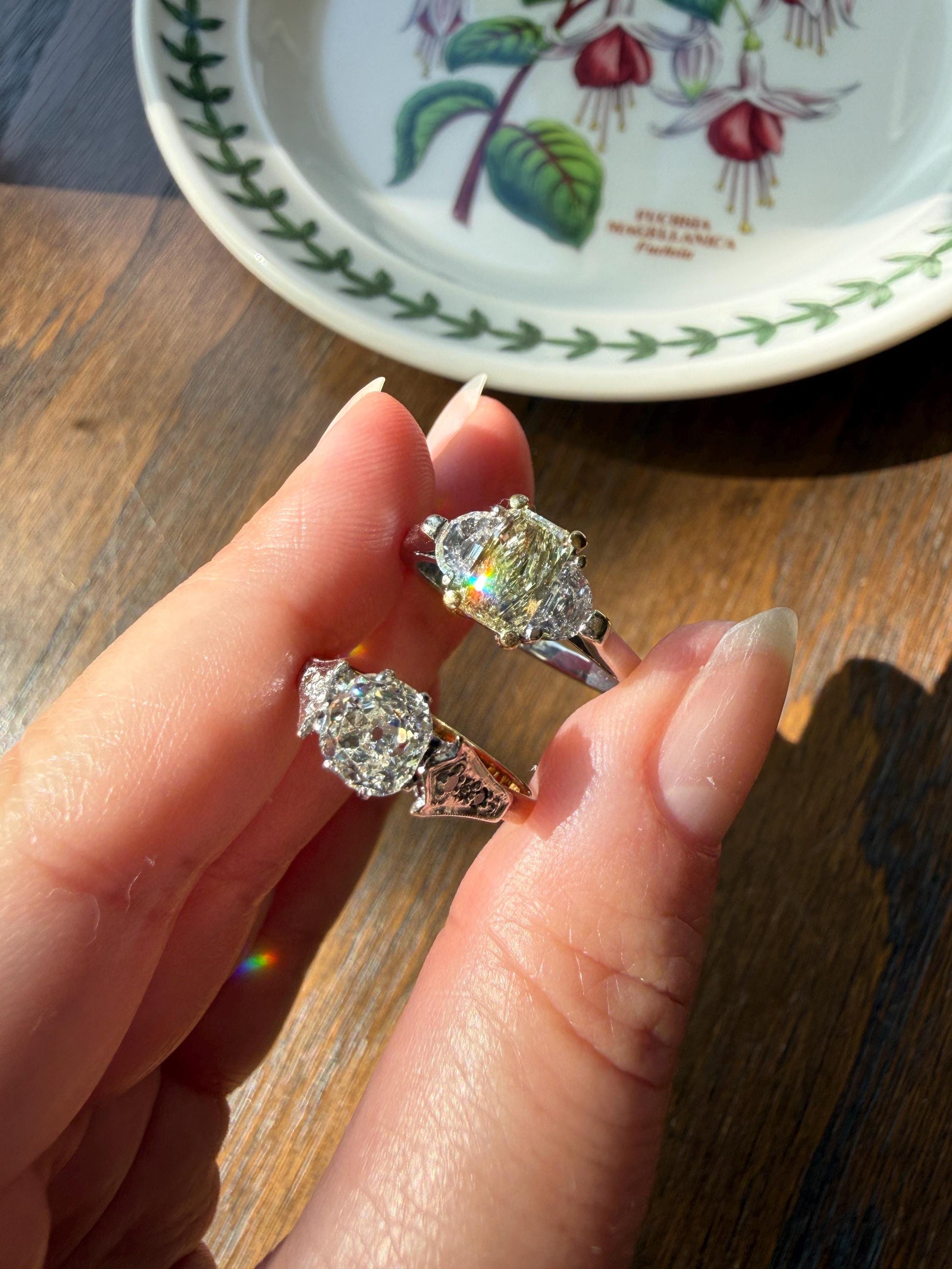 Chunky Antique 1.2 Carat Old Mine Cushion Cut DIAMOND Solitaire with Accents TULIP Floral Shoulders 18k Gold Platinum Engagement