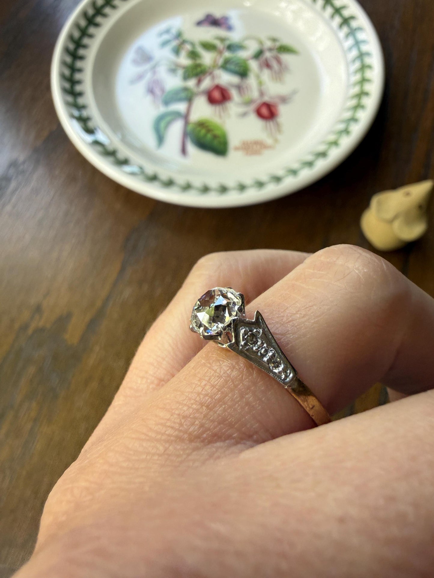 Chunky Antique 1.2 Carat Old Mine Cushion Cut DIAMOND Solitaire with Accents TULIP Floral Shoulders 18k Gold Platinum Engagement