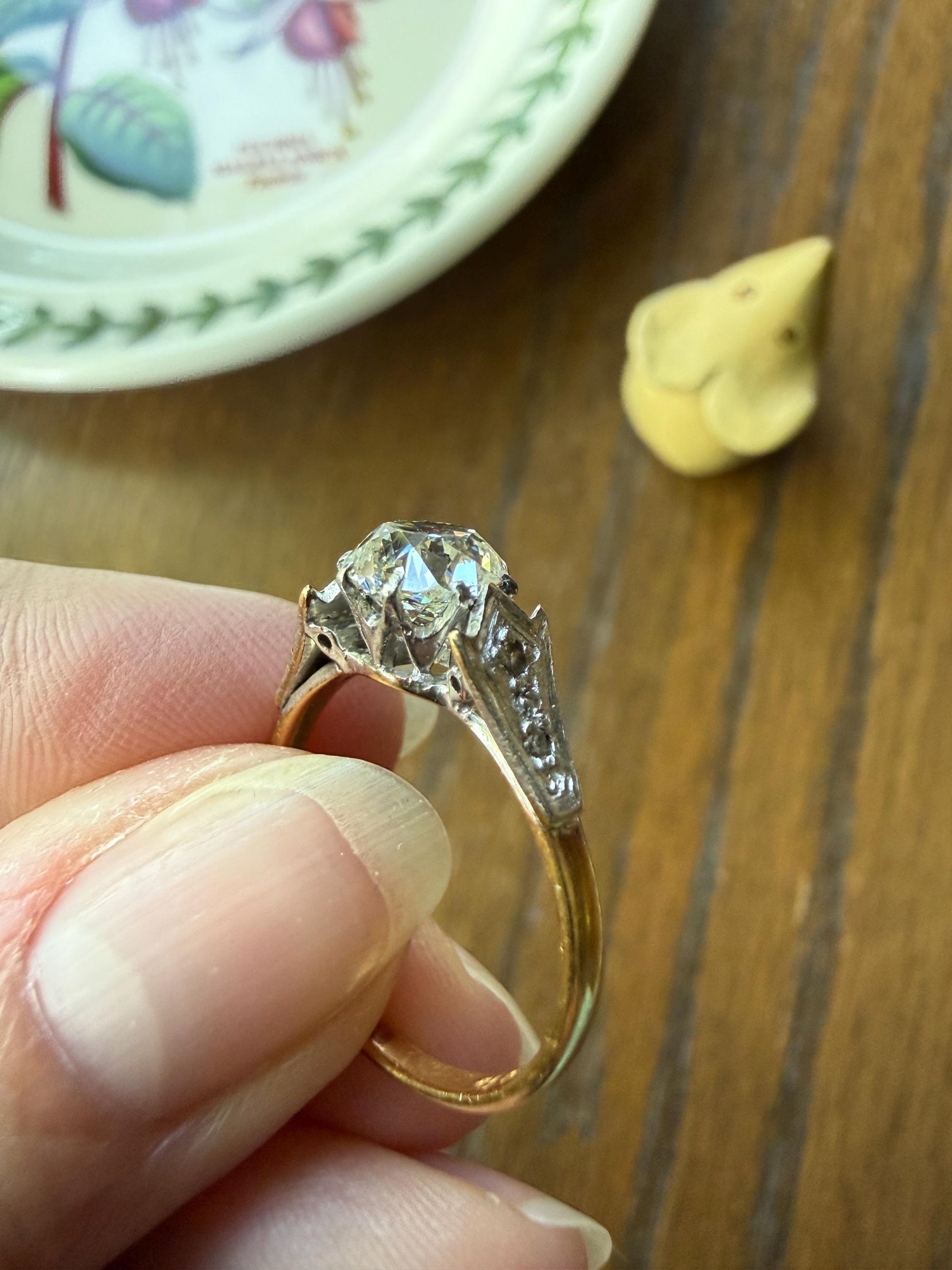 Chunky Antique 1.2 Carat Old Mine Cushion Cut DIAMOND Solitaire with Accents TULIP Floral Shoulders 18k Gold Platinum Engagement