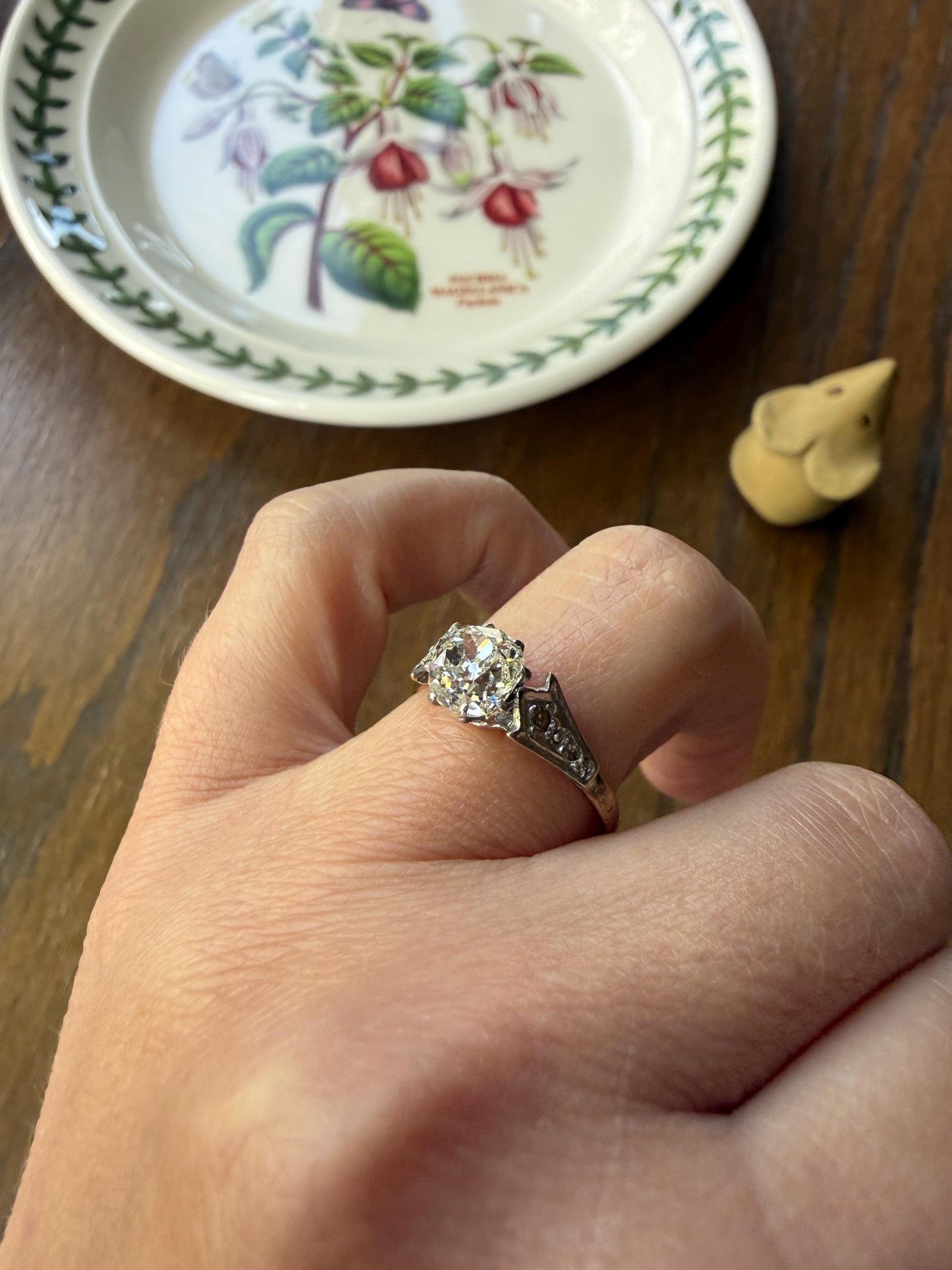 Chunky Antique 1.2 Carat Old Mine Cushion Cut DIAMOND Solitaire with Accents TULIP Floral Shoulders 18k Gold Platinum Engagement