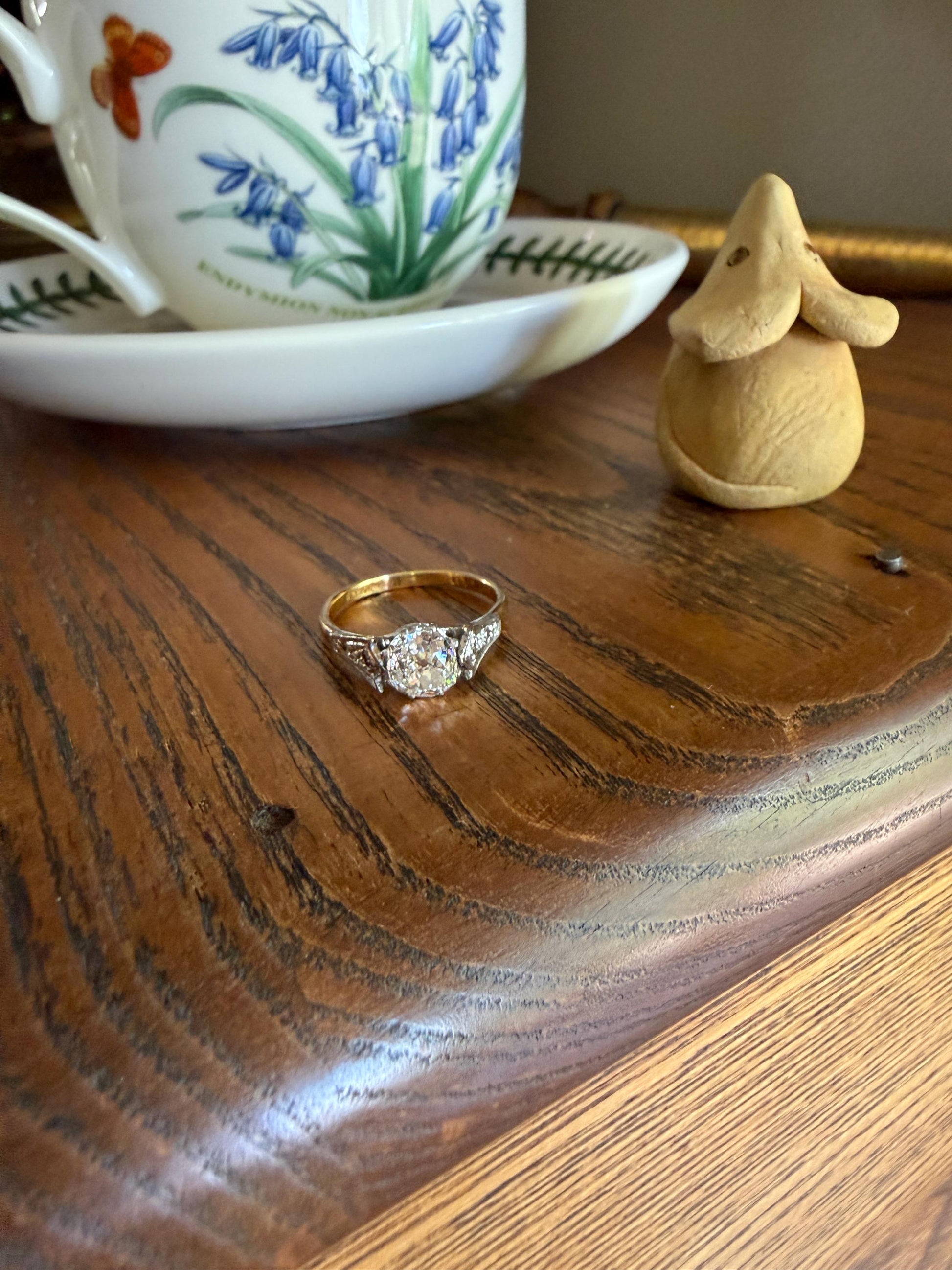 Chunky Antique 1.2 Carat Old Mine Cushion Cut DIAMOND Solitaire with Accents TULIP Floral Shoulders 18k Gold Platinum Engagement