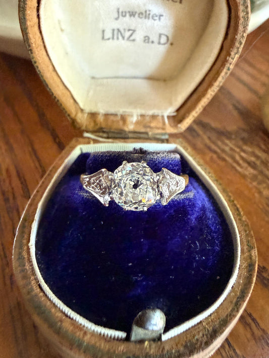 Chunky Antique 1.2 Carat Old Mine Cushion Cut DIAMOND Solitaire with Accents TULIP Floral Shoulders 18k Gold Platinum Engagement