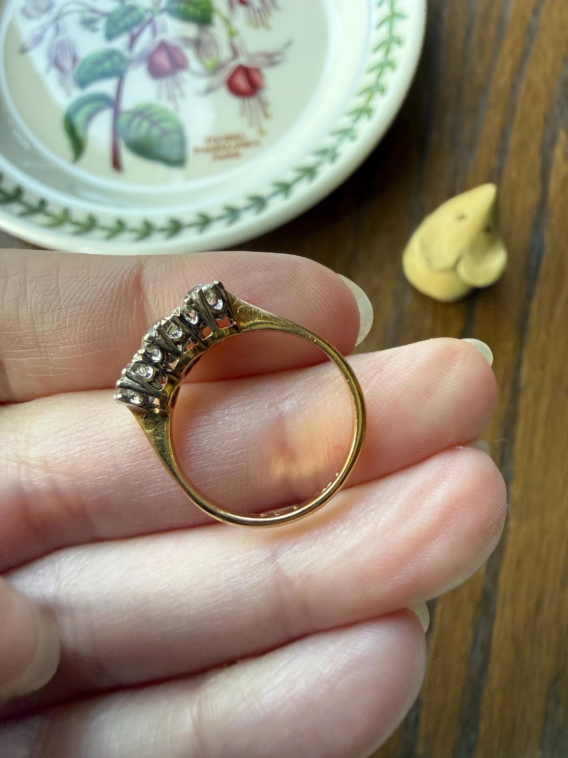 Antique Eye Clean Three Stone 1.1 Carat Old Mine Cut DiAMOND Ring 18k GOLD Stacker Band 1.1Ctw OMC Trilogy Anniversary Wedding Engagement