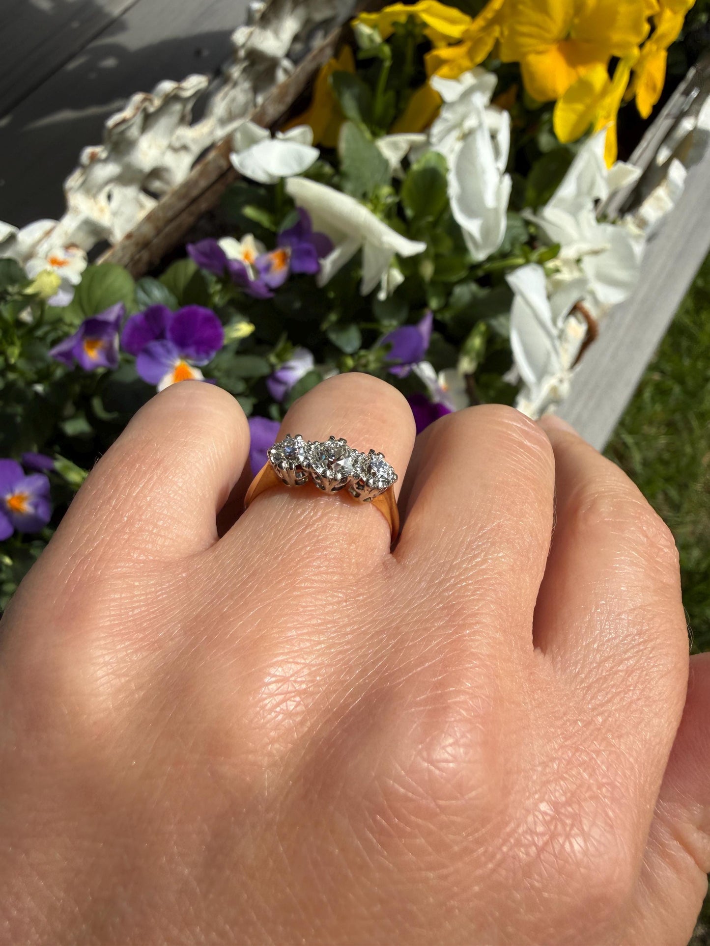 Antique Eye Clean Three Stone 1.1 Carat Old Mine Cut DiAMOND Ring 18k GOLD Stacker Band 1.1Ctw OMC Trilogy Anniversary Wedding Engagement