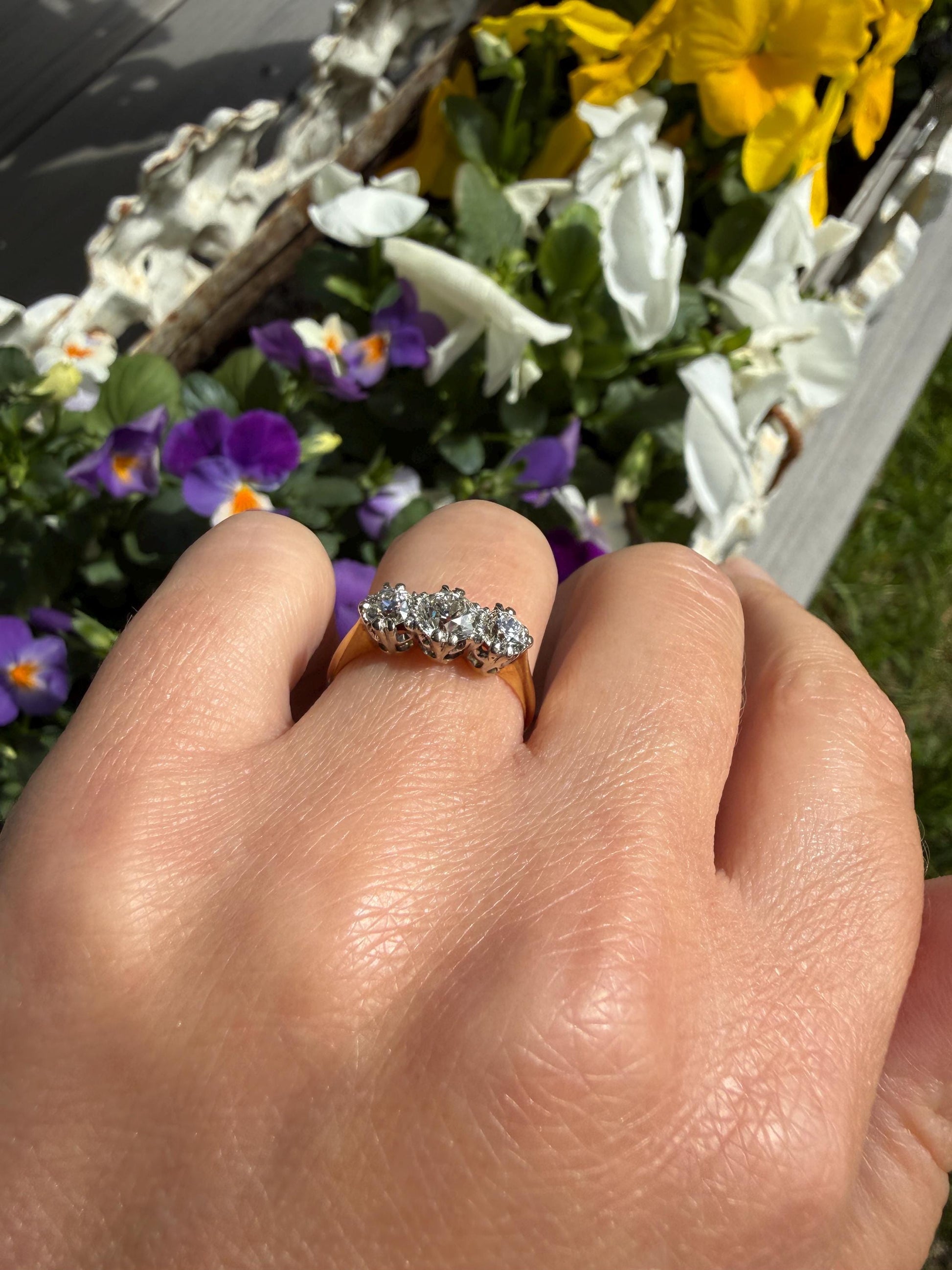 Antique Eye Clean Three Stone 1.1 Carat Old Mine Cut DiAMOND Ring 18k GOLD Stacker Band 1.1Ctw OMC Trilogy Anniversary Wedding Engagement