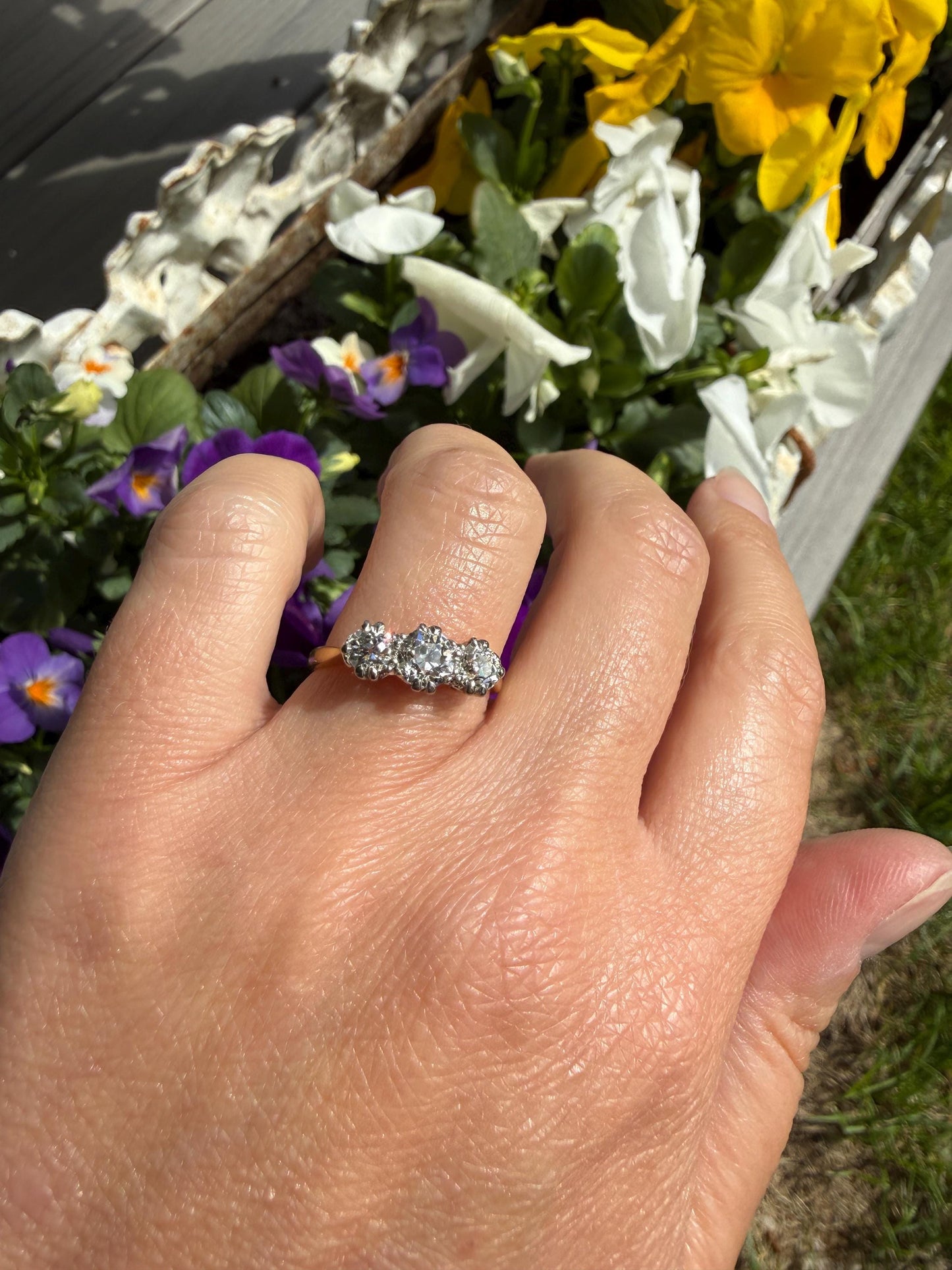 Antique Eye Clean Three Stone 1.1 Carat Old Mine Cut DiAMOND Ring 18k GOLD Stacker Band 1.1Ctw OMC Trilogy Anniversary Wedding Engagement