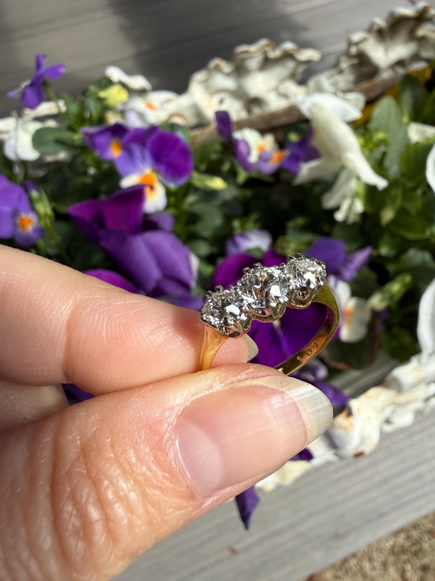 Antique Eye Clean Three Stone 1.1 Carat Old Mine Cut DiAMOND Ring 18k GOLD Stacker Band 1.1Ctw OMC Trilogy Anniversary Wedding Engagement