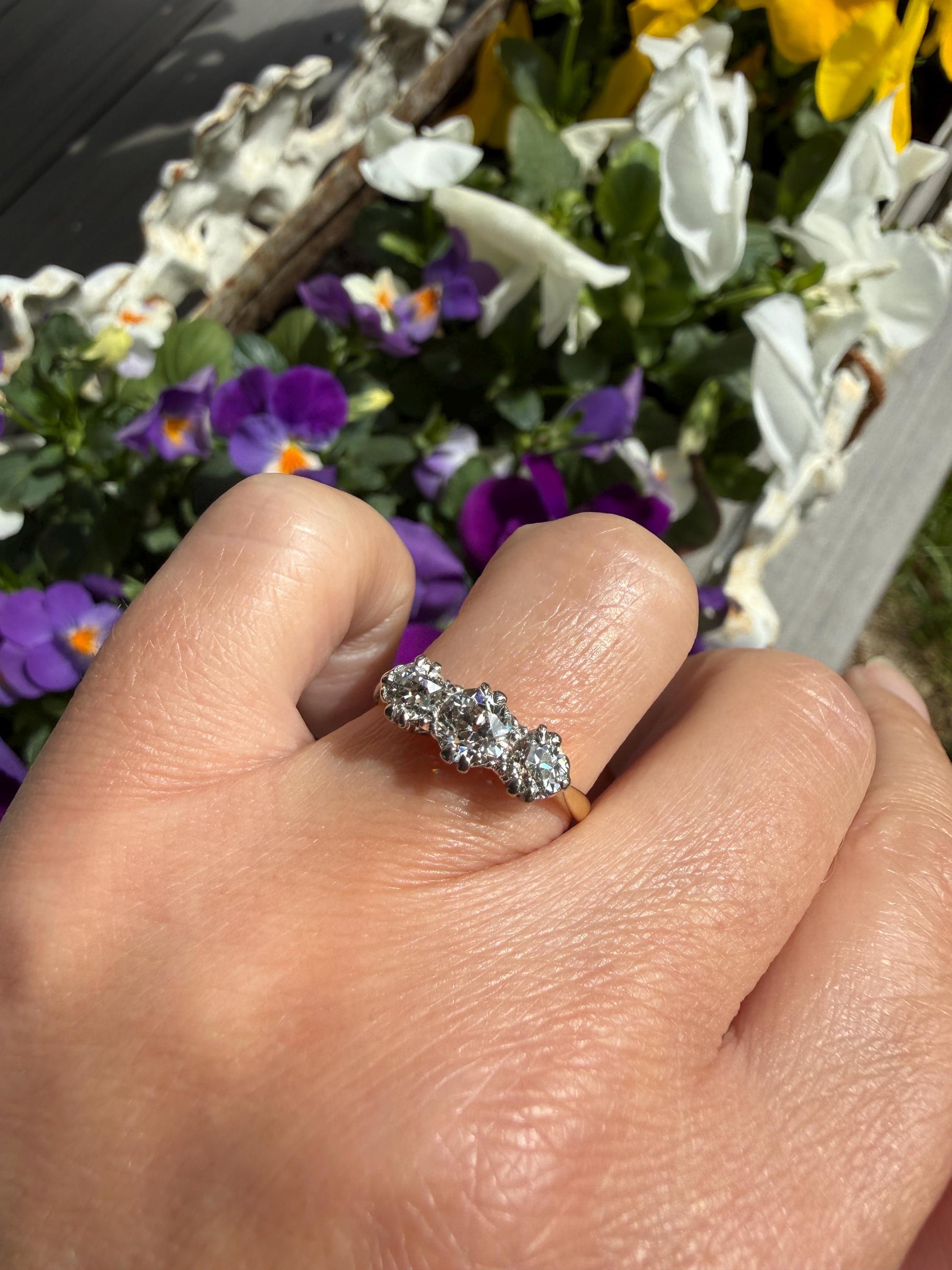 Antique Eye Clean Three Stone 1.1 Carat Old Mine Cut DiAMOND Ring 18k GOLD Stacker Band 1.1Ctw OMC Trilogy Anniversary Wedding Engagement