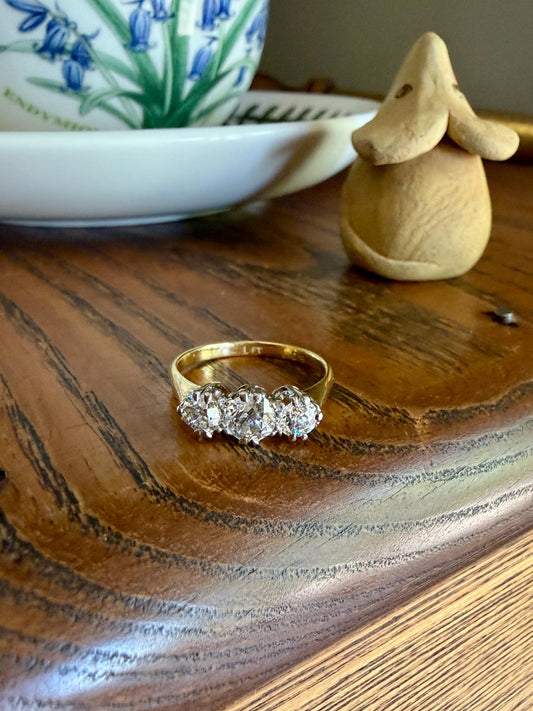 Antique Eye Clean Three Stone 1.1 Carat Old Mine Cut DiAMOND Ring 18k GOLD Stacker Band 1.1Ctw OMC Trilogy Anniversary Wedding Engagement