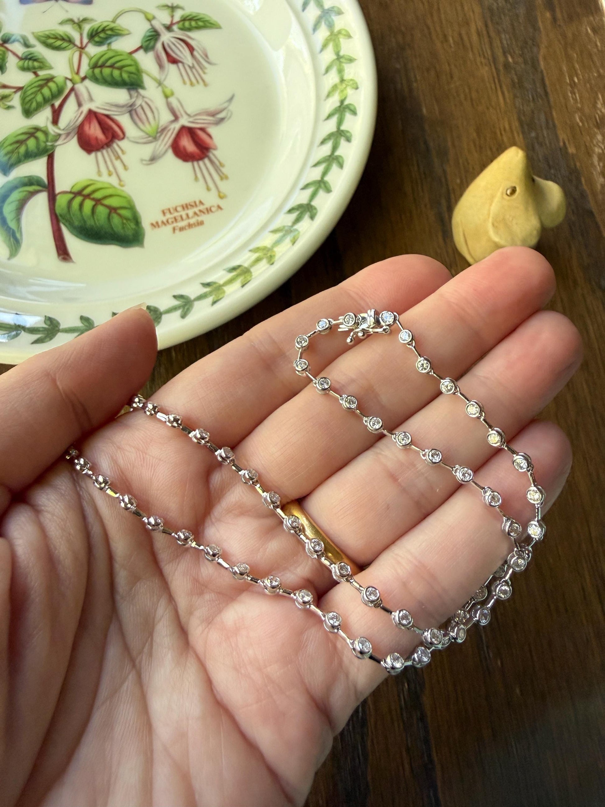 Vintage 73 Bezel Set 3.6 Carats Diamond Riviera Eternity Tennis Chain 18k White Gold Necklace French 16" Minimalist Geometric Layering VTG