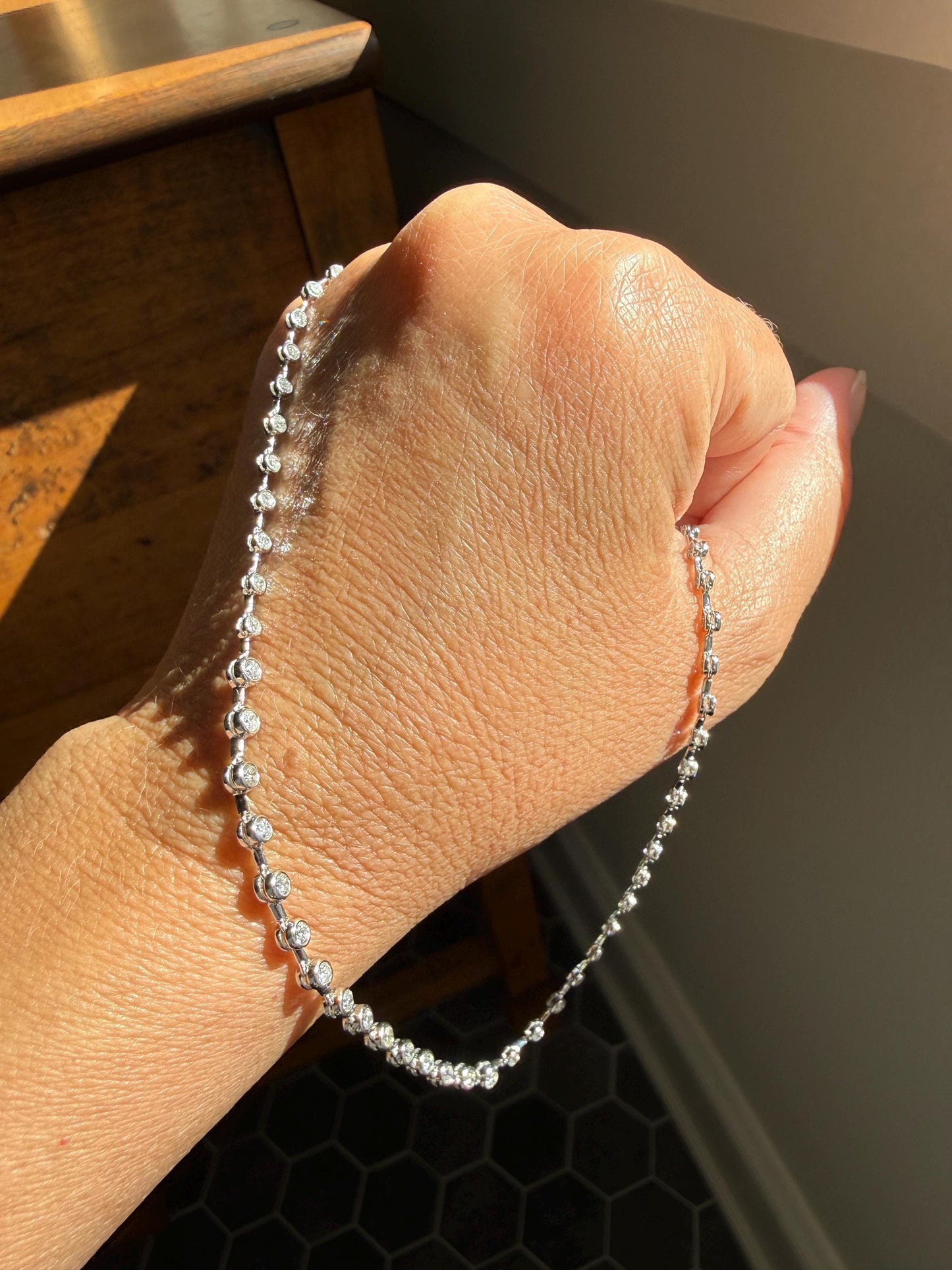 Vintage 73 Bezel Set 3.6 Carats Diamond Riviera Eternity Tennis Chain 18k White Gold Necklace French 16" Minimalist Geometric Layering VTG