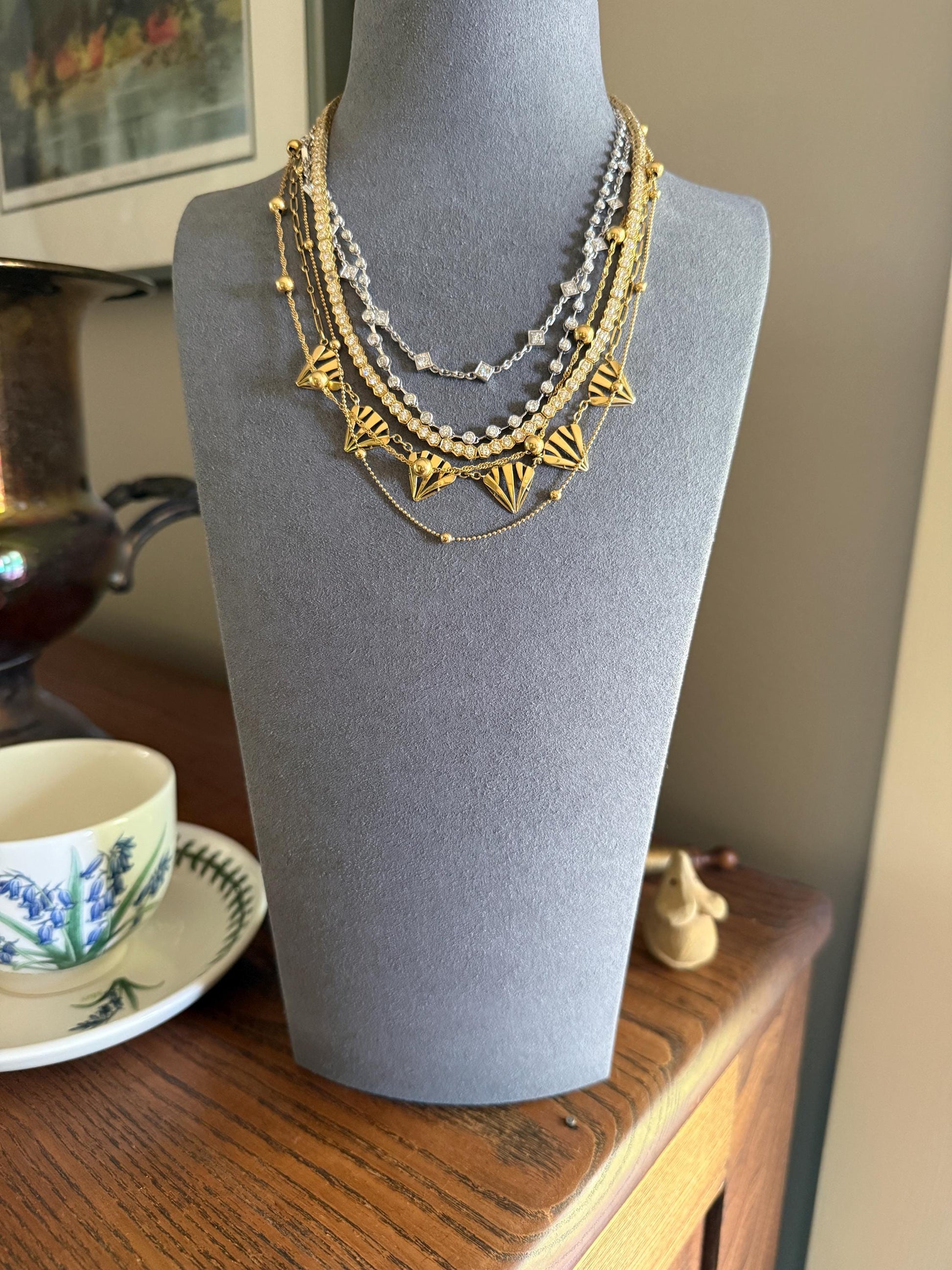 Vintage 73 Bezel Set 3.6 Carats Diamond Riviera Eternity Tennis Chain 18k White Gold Necklace French 16" Minimalist Geometric Layering VTG