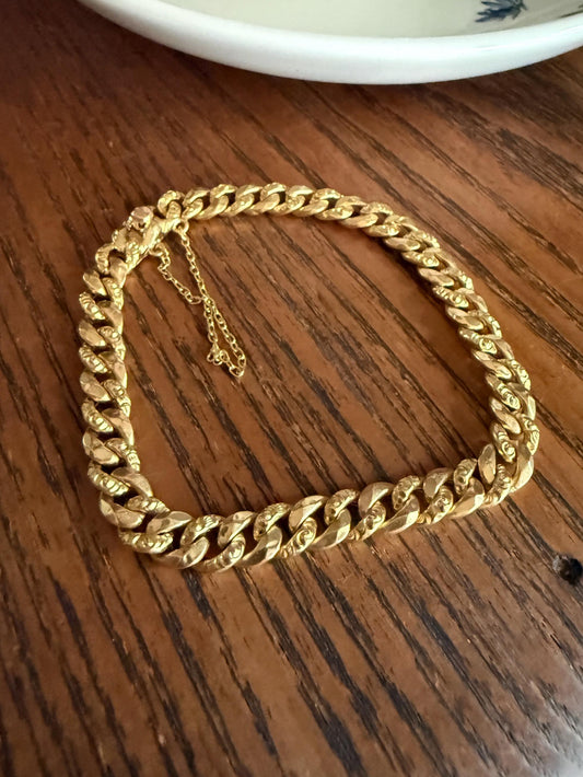 French Antique 18k Gold Embossed and Faceted Cuban Curb Link Chain Bracelet Gold Wriststack Shimmer Gift
