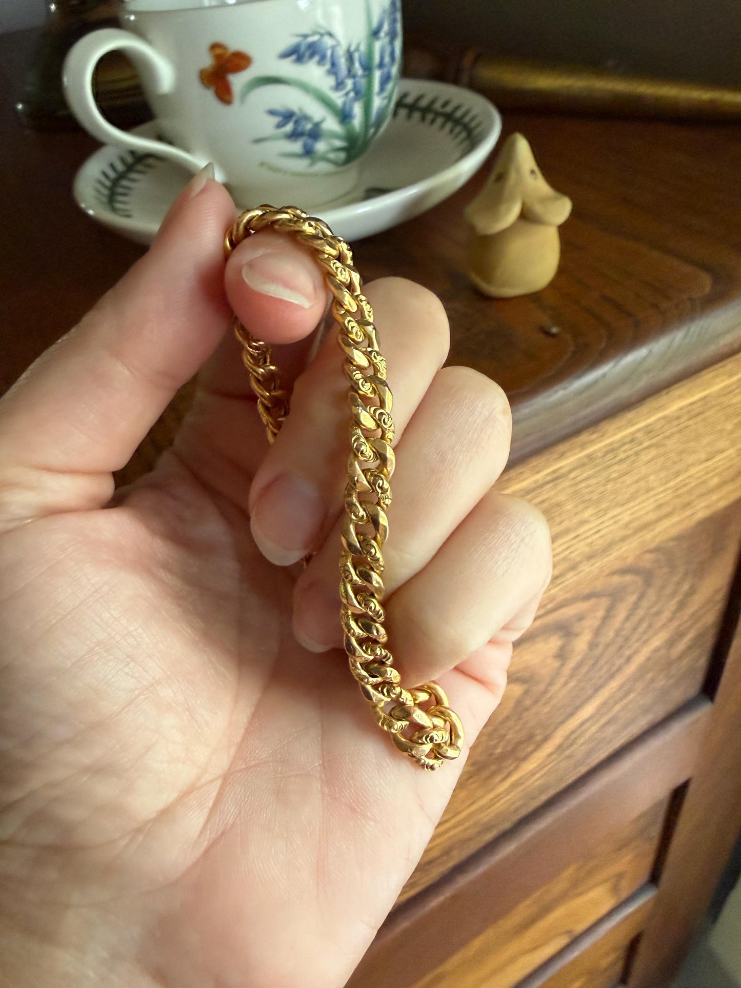 French Antique 18k Gold Embossed and Faceted Cuban Curb Link Chain Bracelet Gold Wriststack Shimmer Gift