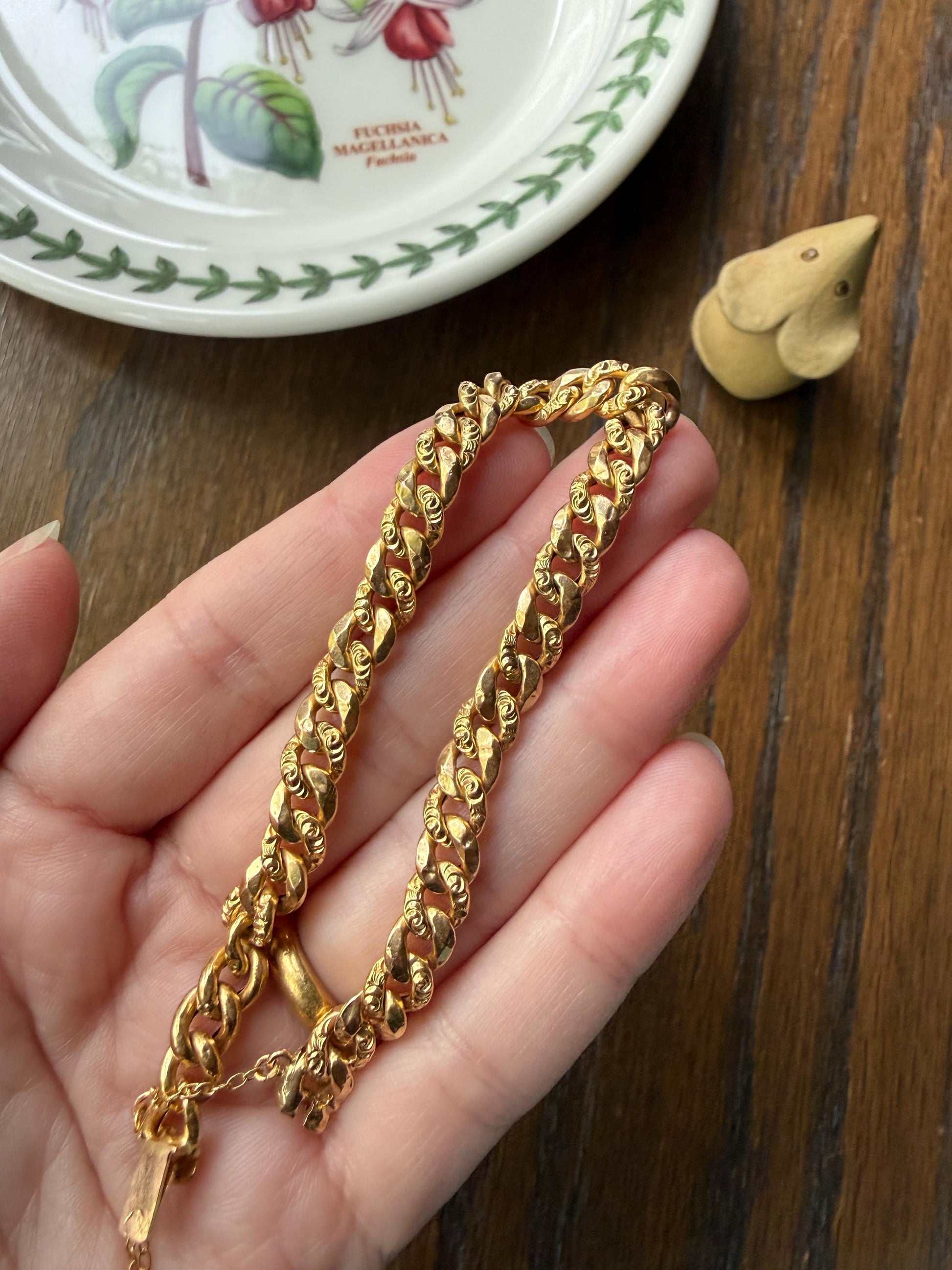 French Antique 18k Gold Embossed and Faceted Cuban Curb Link Chain Bracelet Gold Wriststack Shimmer Gift