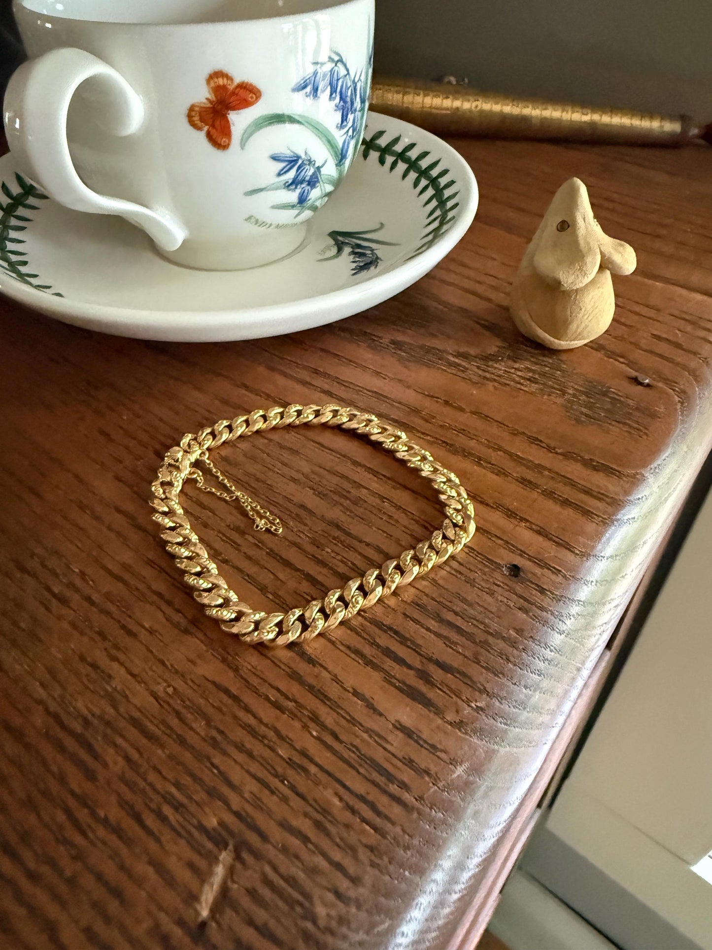 French Antique 18k Gold Embossed and Faceted Cuban Curb Link Chain Bracelet Gold Wriststack Shimmer Gift