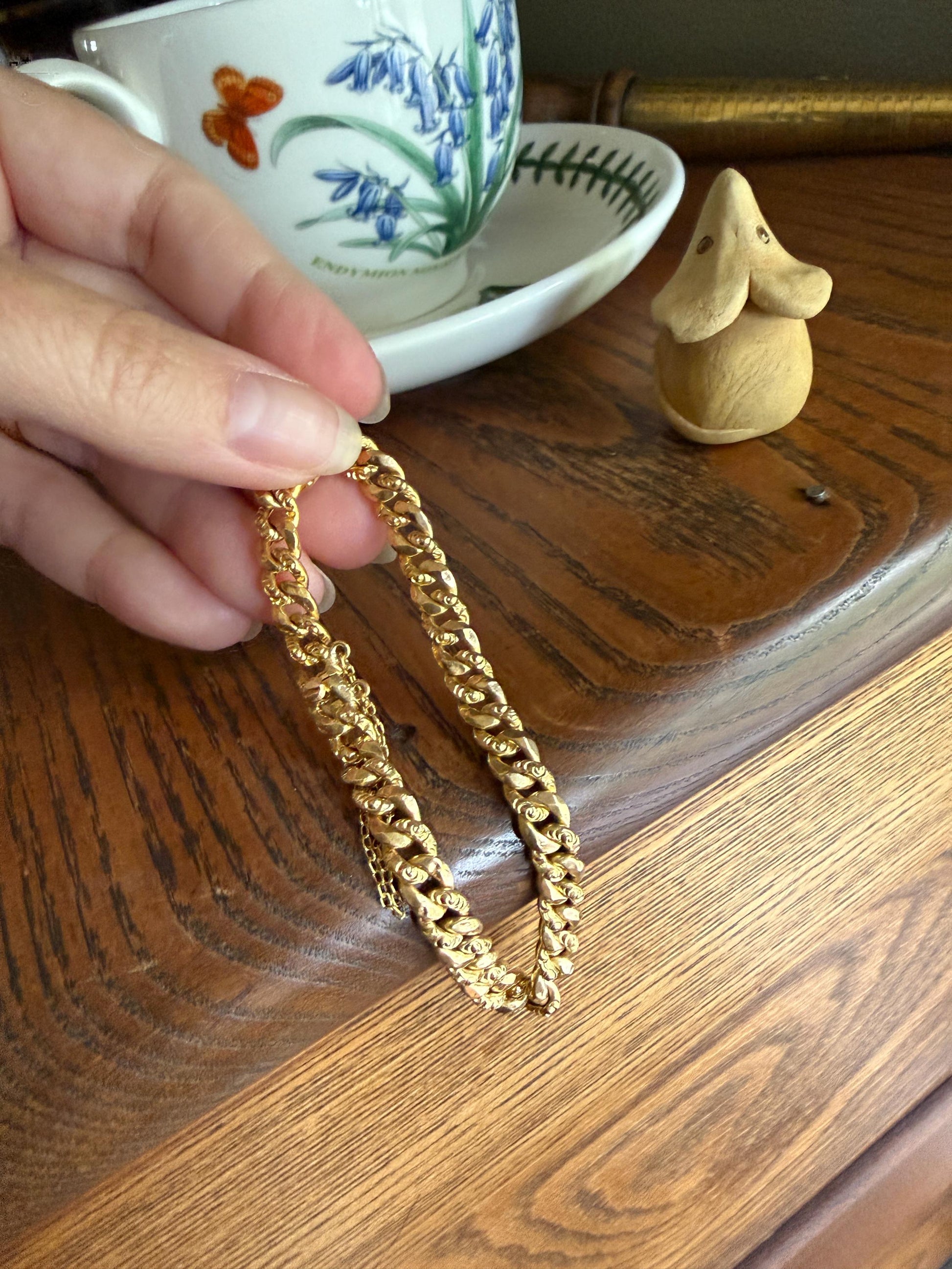 French Antique 18k Gold Embossed and Faceted Cuban Curb Link Chain Bracelet Gold Wriststack Shimmer Gift