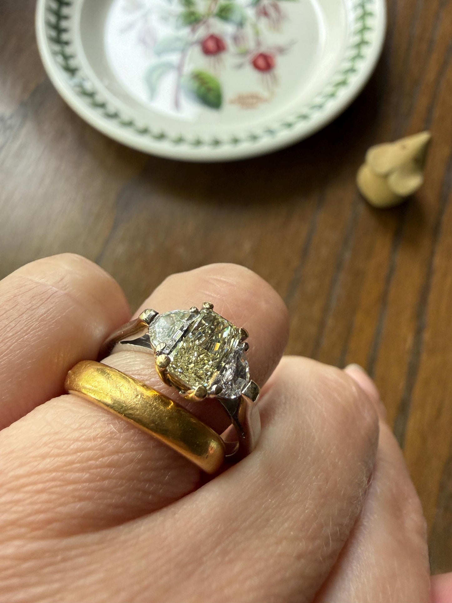 Pale Yellow Eye Clean 1.6Ctw Natural Radiant Cut DIAMOND Ring Solitaire Step Cut Half Moon Accents Three Stone 14k 18k Gold Engagement Ring