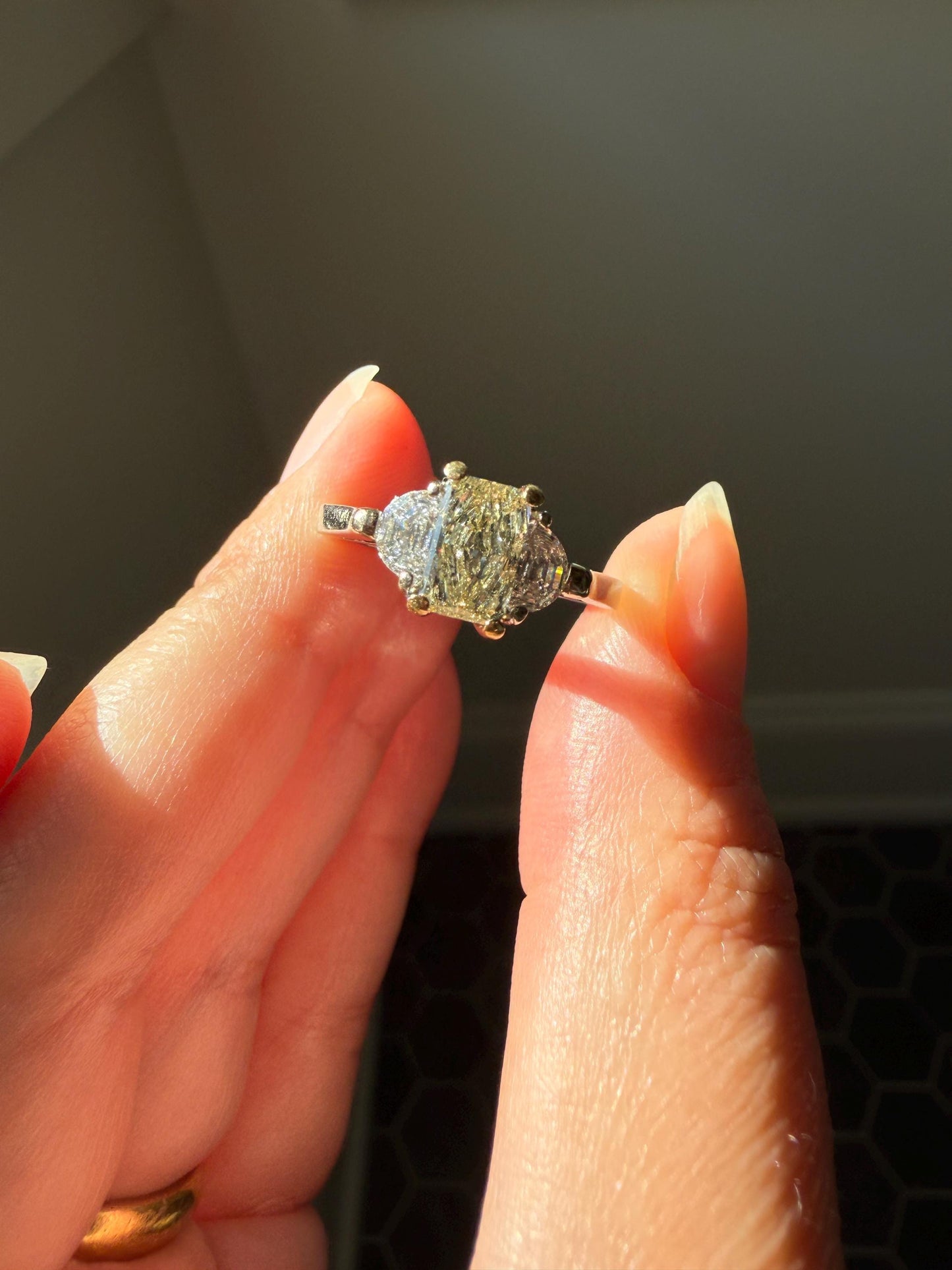 Pale Yellow Eye Clean 1.6Ctw Natural Radiant Cut DIAMOND Ring Solitaire Step Cut Half Moon Accents Three Stone 14k 18k Gold Engagement Ring