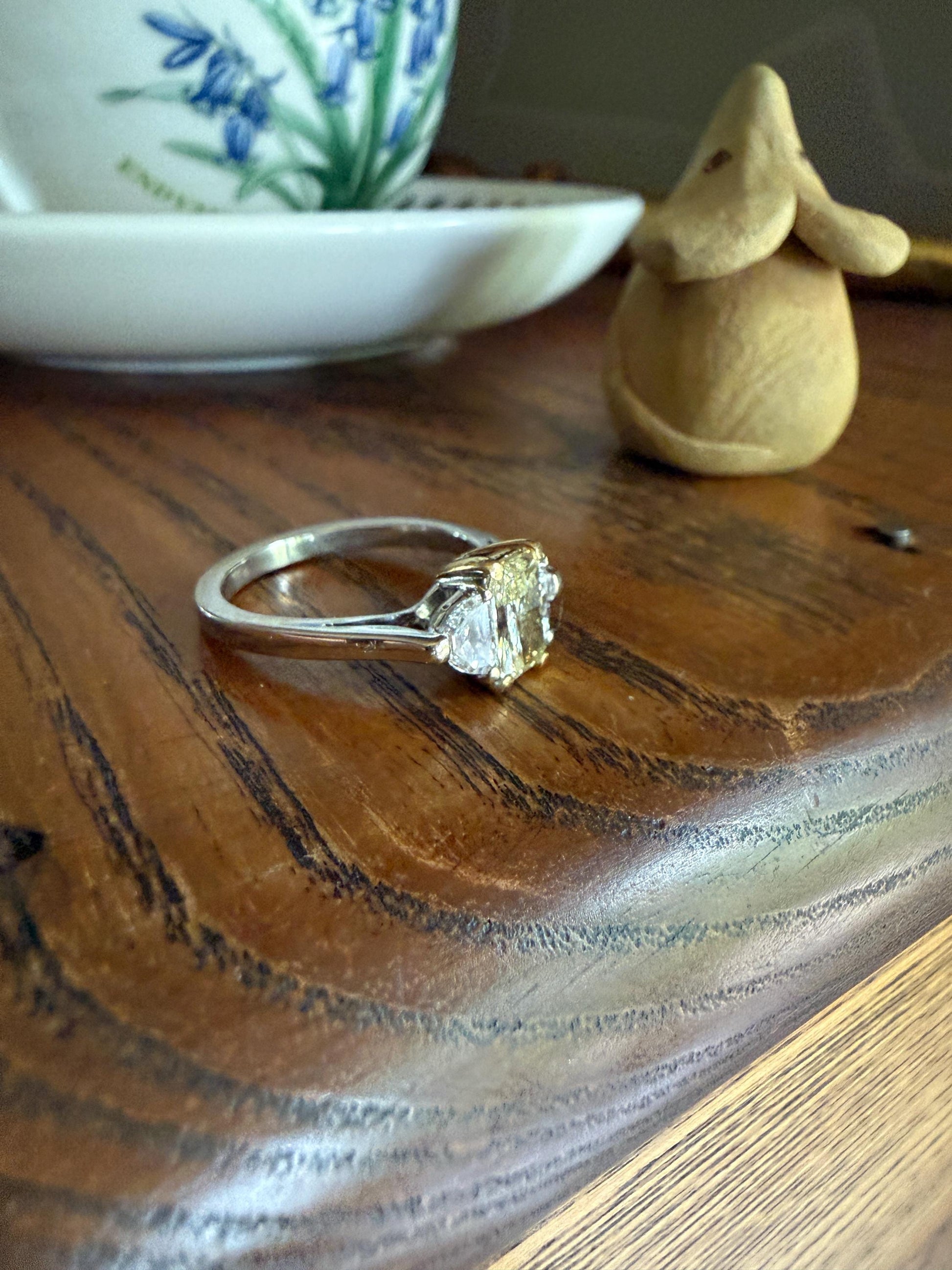 Pale Yellow Eye Clean 1.6Ctw Natural Radiant Cut DIAMOND Ring Solitaire Step Cut Half Moon Accents Three Stone 14k 18k Gold Engagement Ring