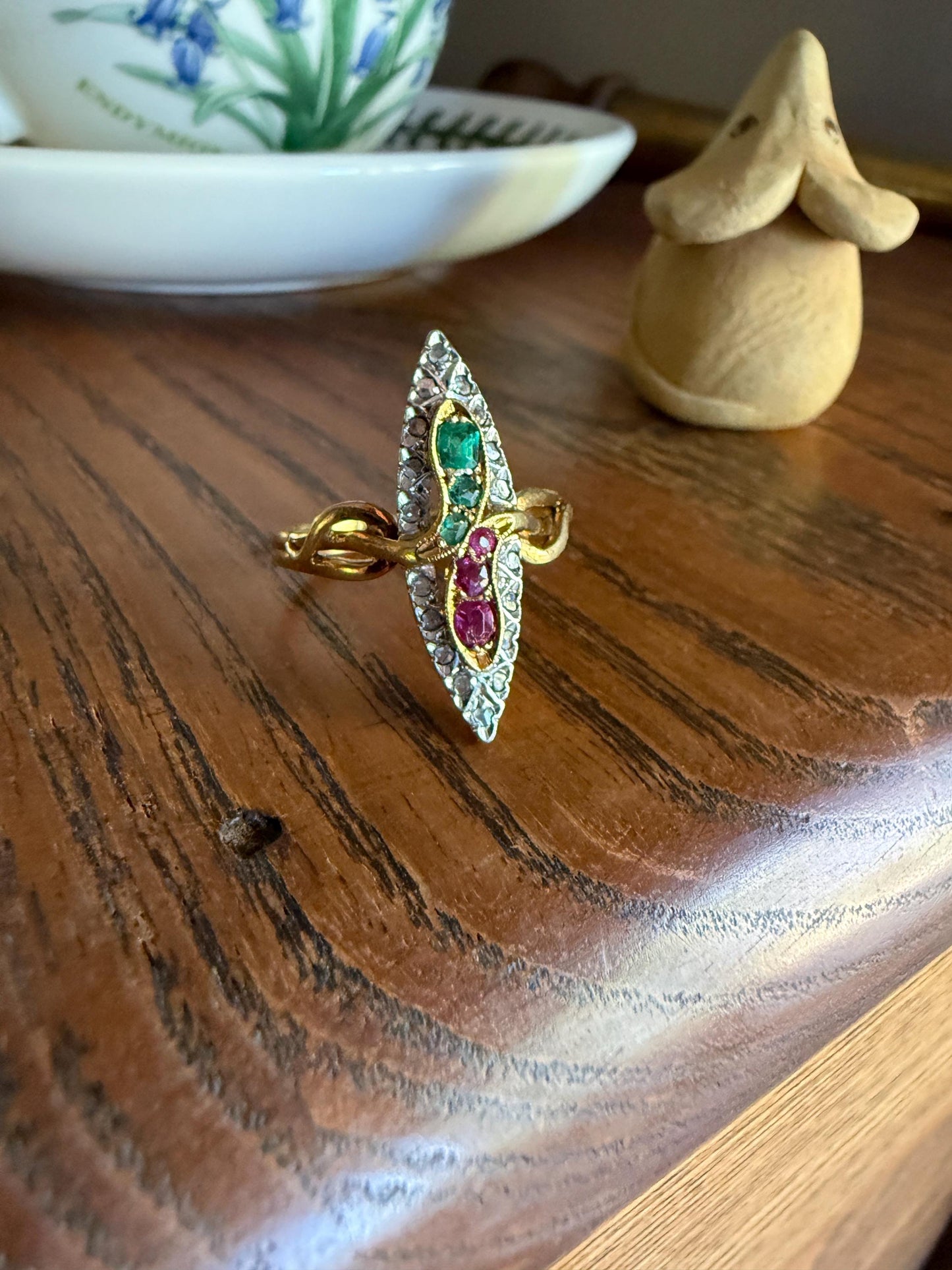 Double SNAKES Antique Ring Natural Ruby Emerald Rose Cut DIAMOND Halo Navette Ring 18k Gold Platinum Red Green Victorian Love Gift