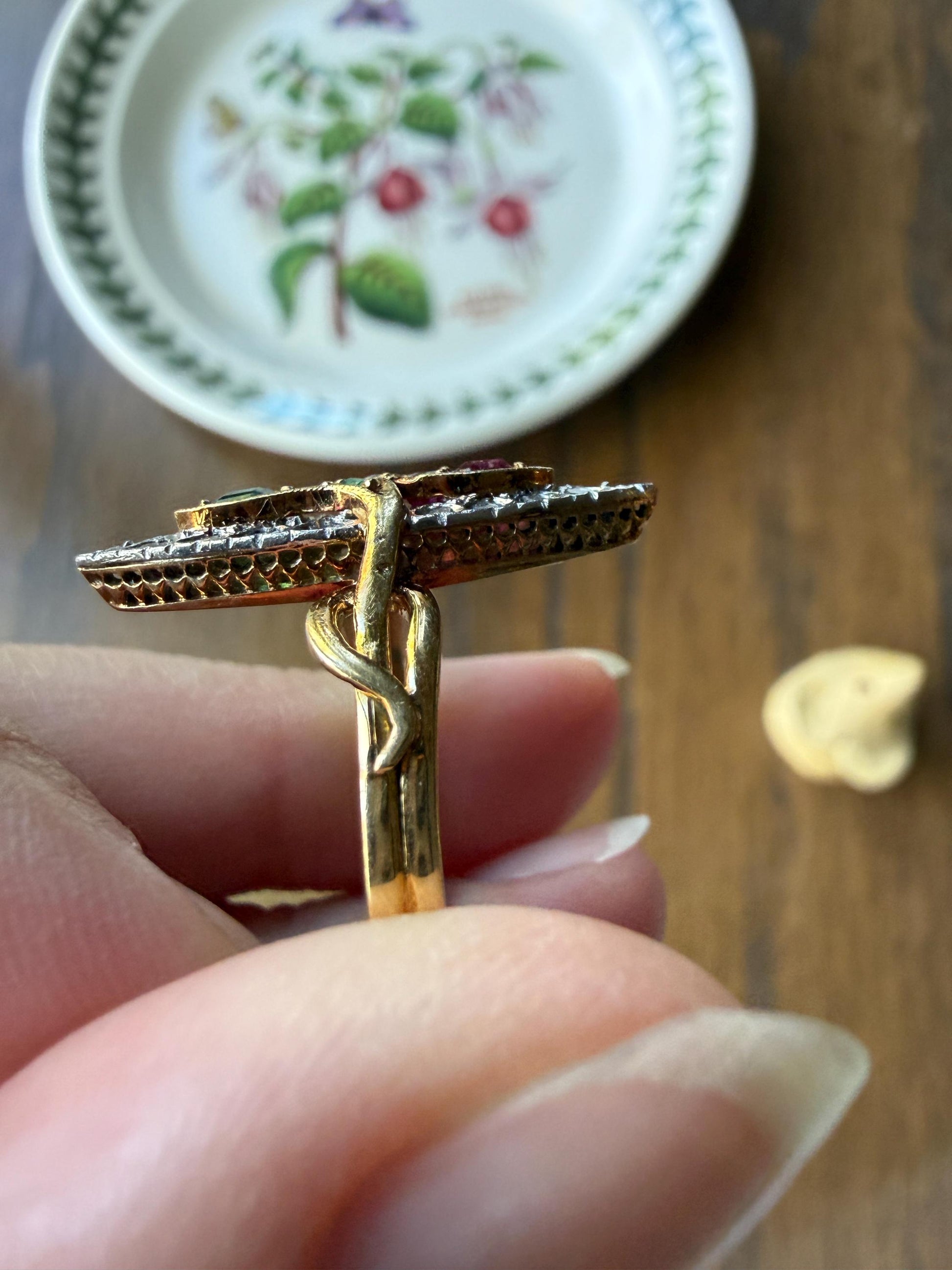 Double SNAKES Antique Ring Natural Ruby Emerald Rose Cut DIAMOND Halo Navette Ring 18k Gold Platinum Red Green Victorian Love Gift