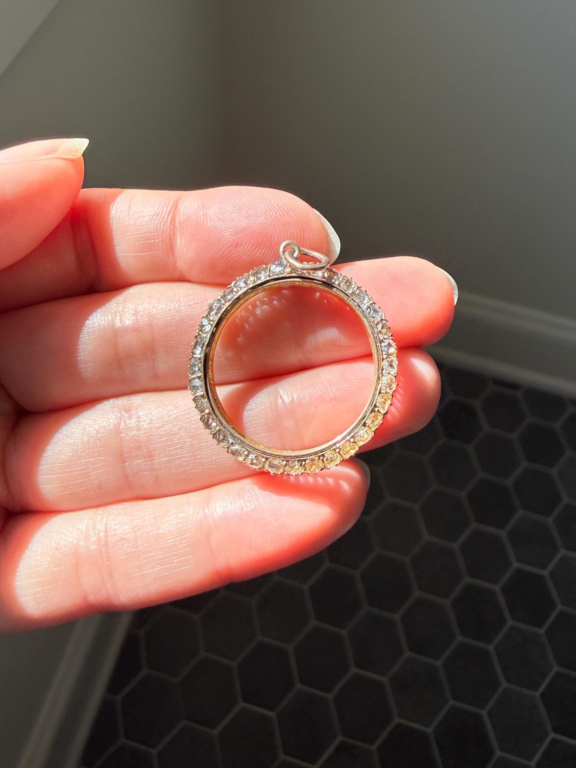CIRCLE Pendant 32 Rose Cut DIAMOND Encrusted 18k Gold Antique VICTORIAN Figural Halo Frame Round Geometric Old Cut Gift