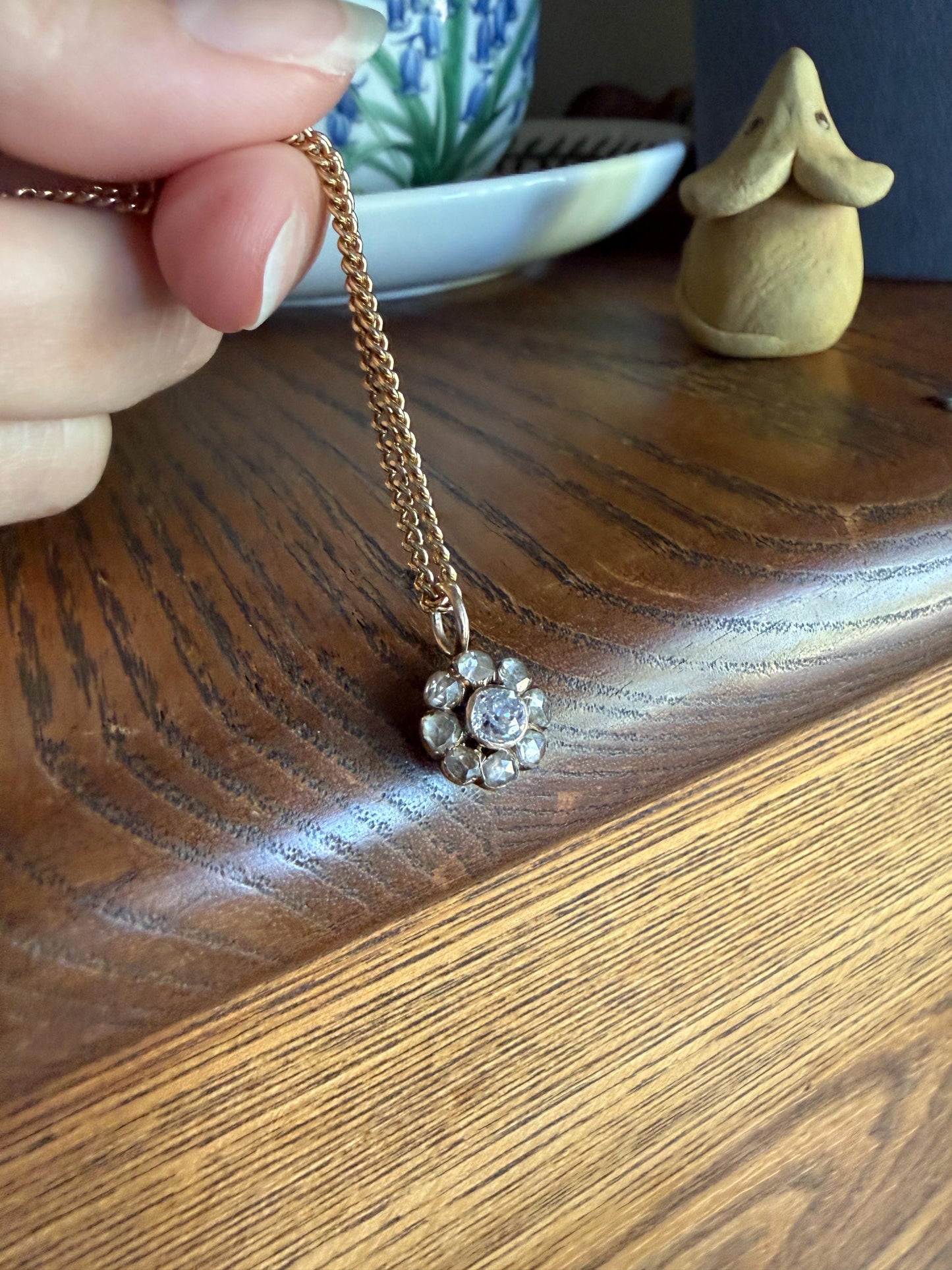 Daisy Cluster Pendant Old Mine Rose Cut DIAMOND Antique Victorian 18k Gold Pendant Faces Up 1.15 Carat Necklace Bracelet Charm Floral